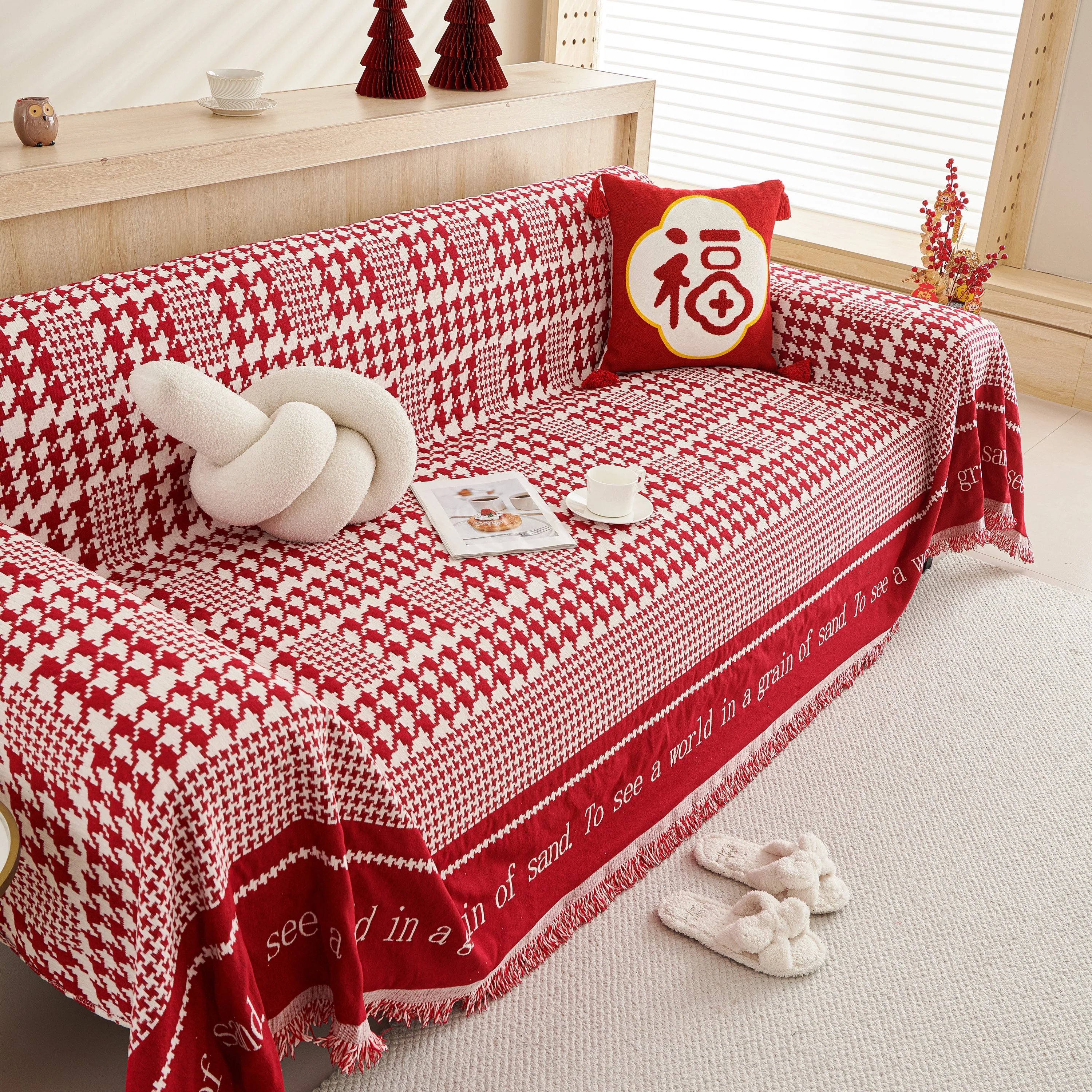 Chenille Houndstooth Couch Cover, Chaise Lounge Blanket Cover, Sectional Couch Scratch Protector - Image 69