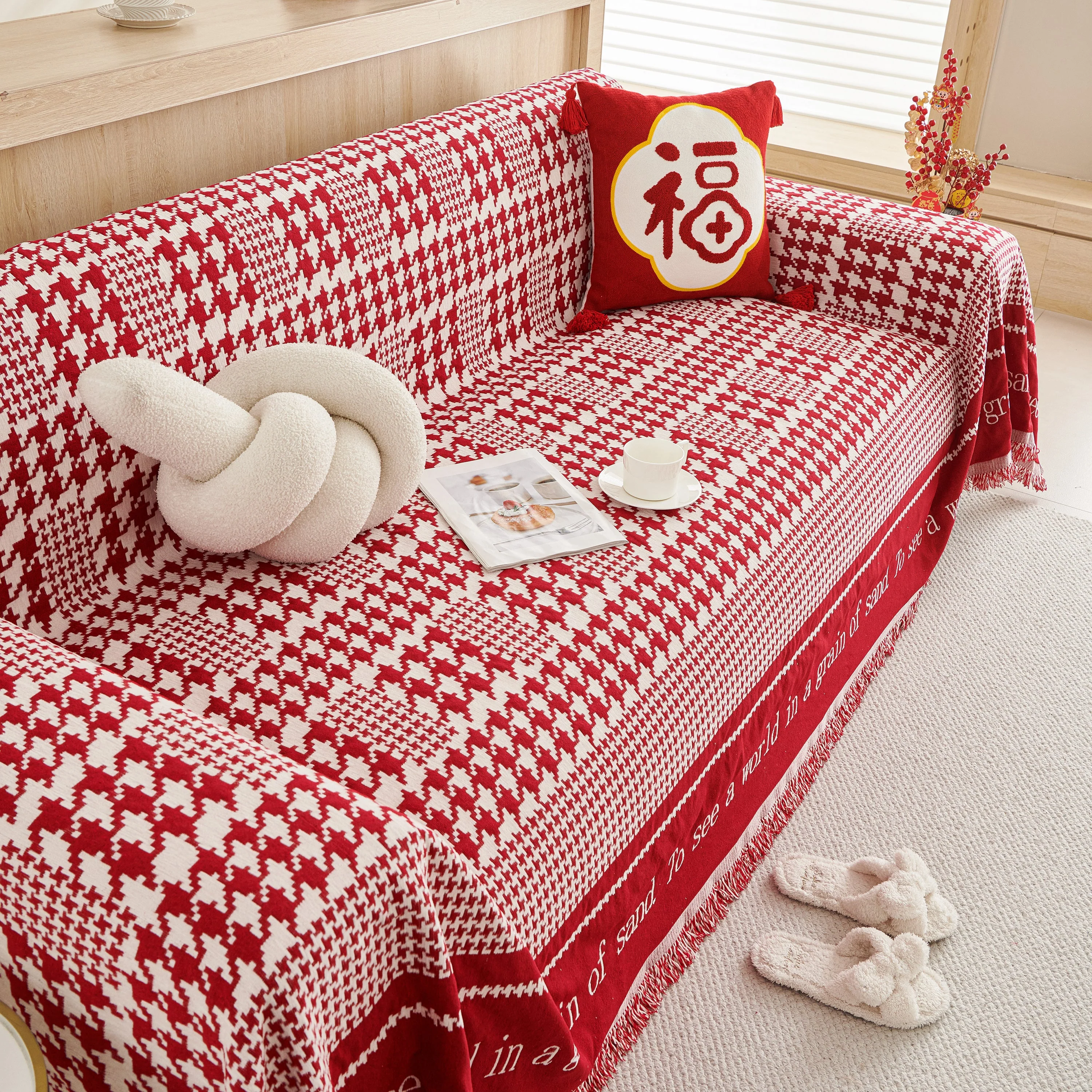 Chenille Houndstooth Couch Cover, Chaise Lounge Blanket Cover, Sectional Couch Scratch Protector - Image 70
