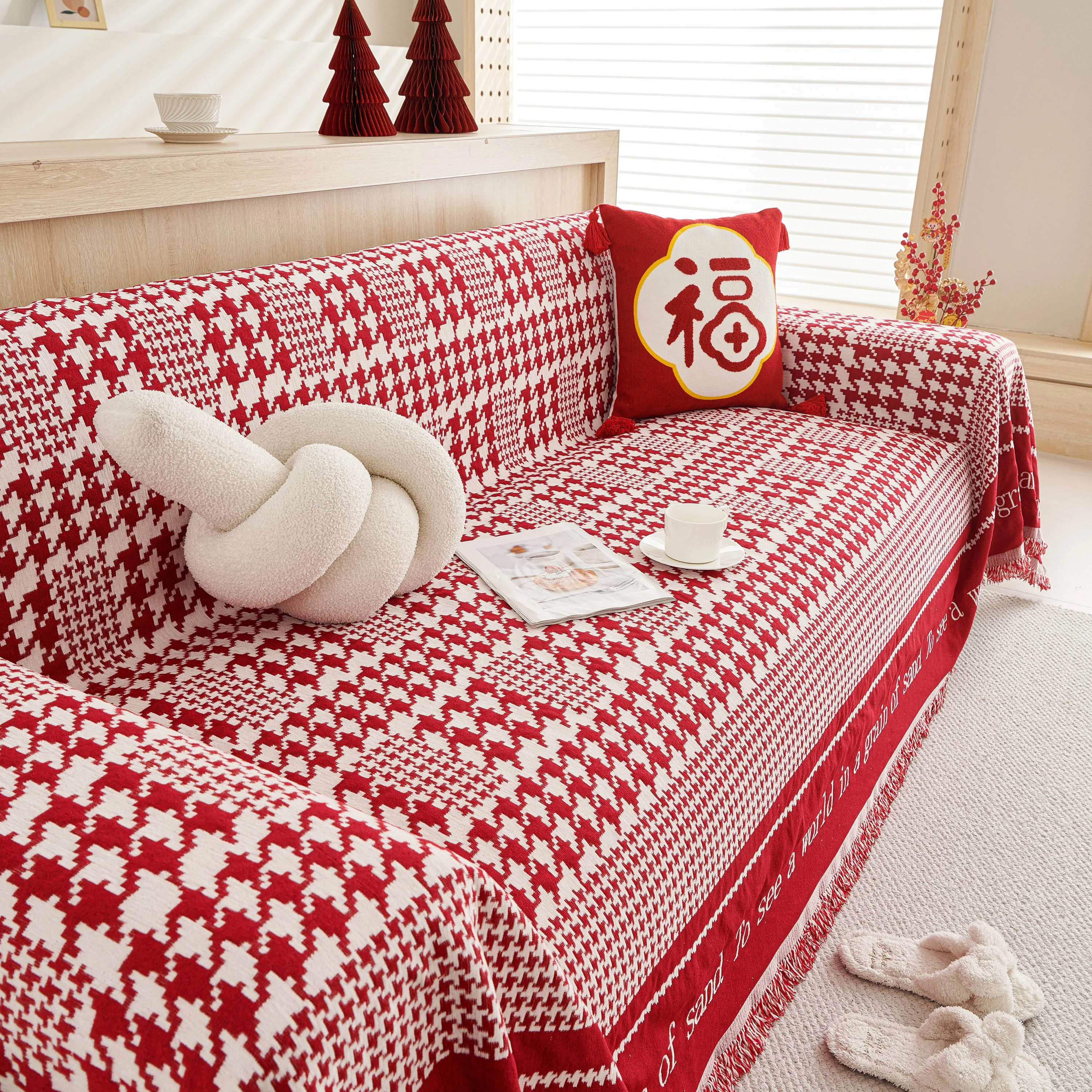 Chenille Houndstooth Couch Cover, Chaise Lounge Blanket Cover, Sectional Couch Scratch Protector - Image 71