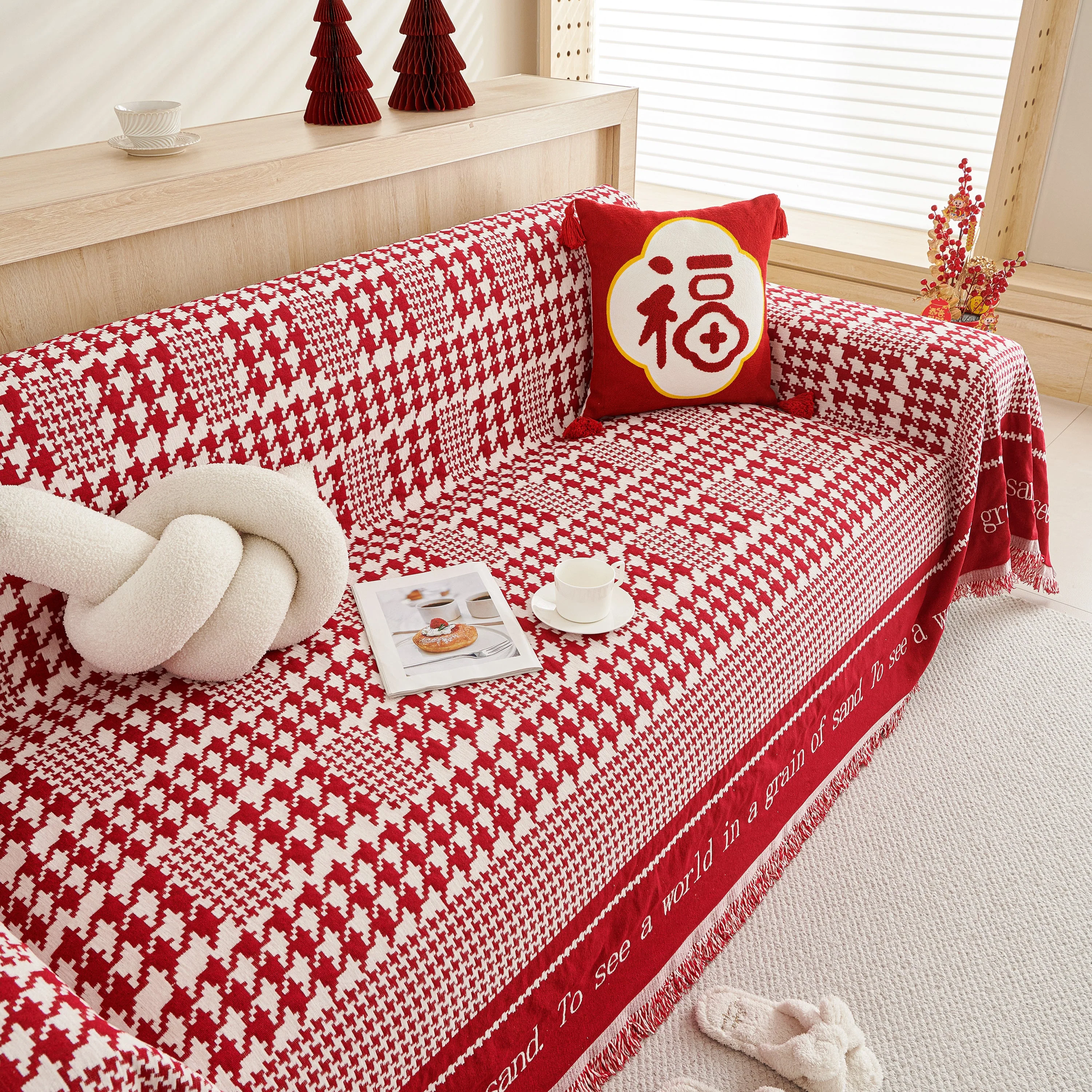 Chenille Houndstooth Couch Cover, Chaise Lounge Blanket Cover, Sectional Couch Scratch Protector - Image 74