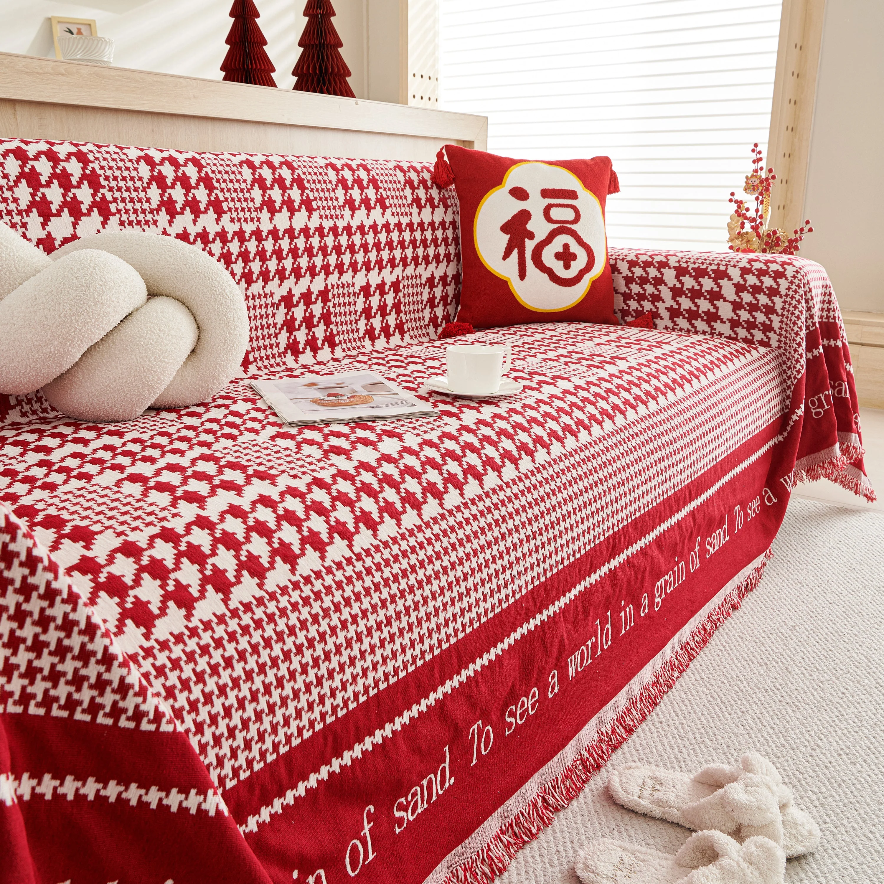 Chenille Houndstooth Couch Cover, Chaise Lounge Blanket Cover, Sectional Couch Scratch Protector - Image 78