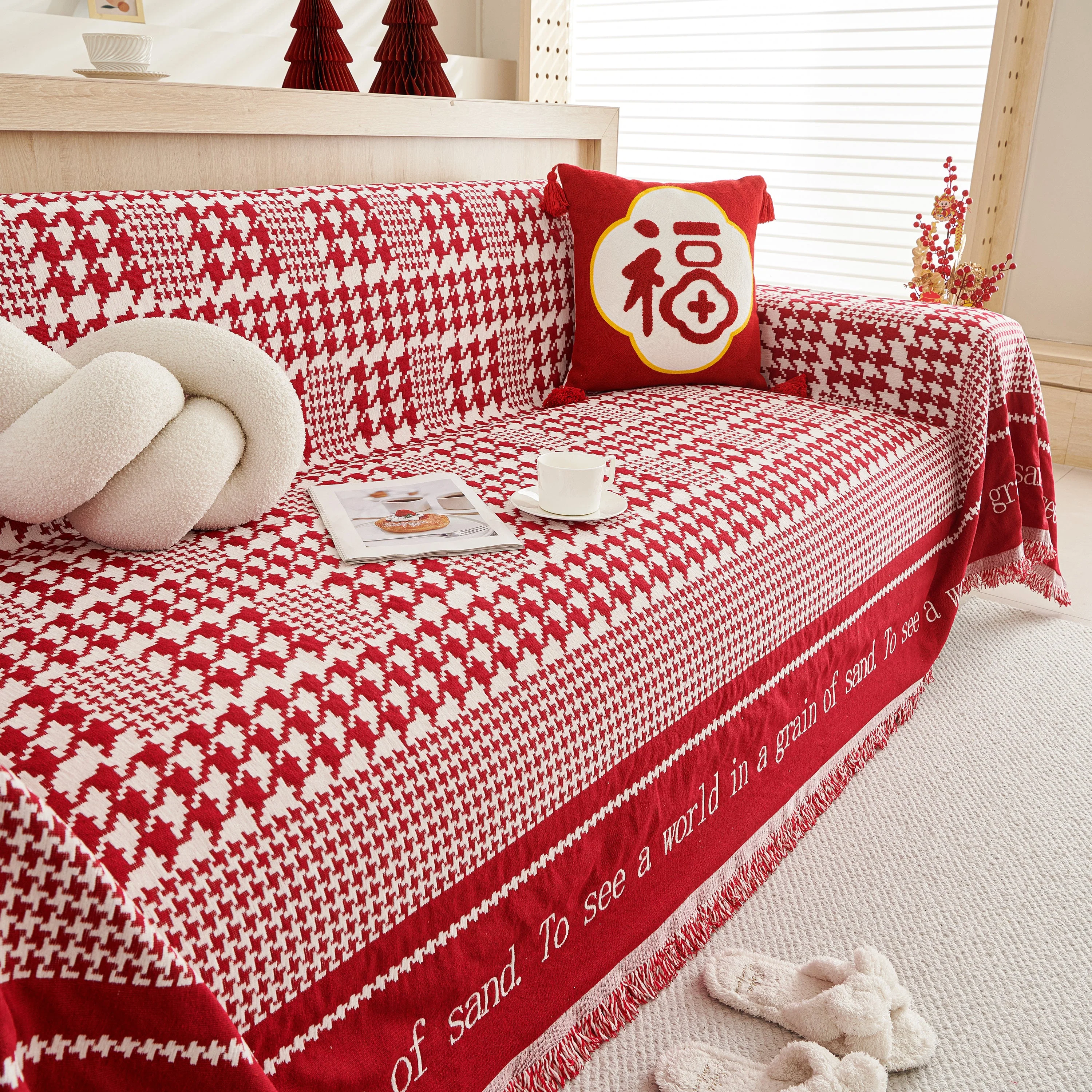 Chenille Houndstooth Couch Cover, Chaise Lounge Blanket Cover, Sectional Couch Scratch Protector - Image 79