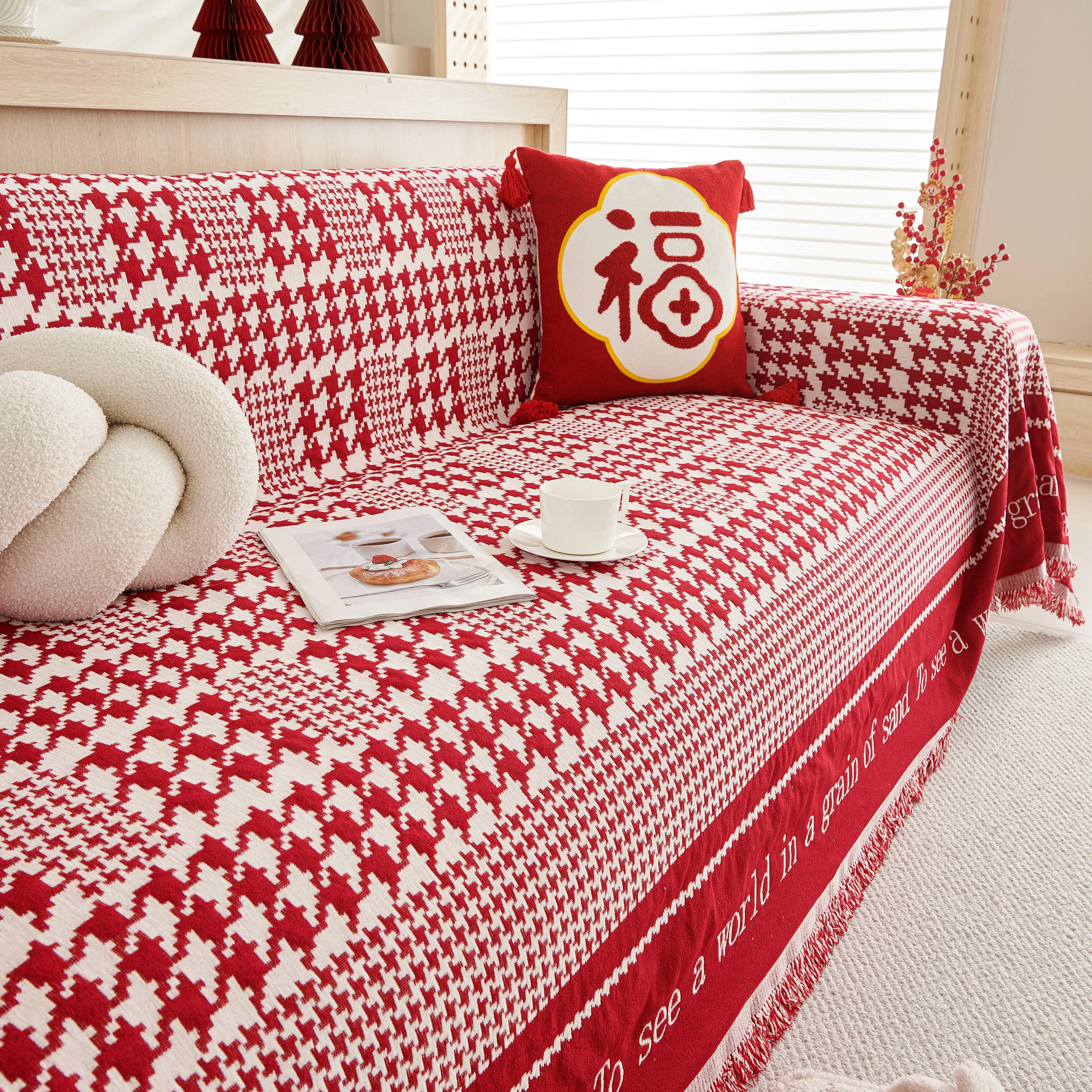 Chenille Houndstooth Couch Cover, Chaise Lounge Blanket Cover, Sectional Couch Scratch Protector - Image 80