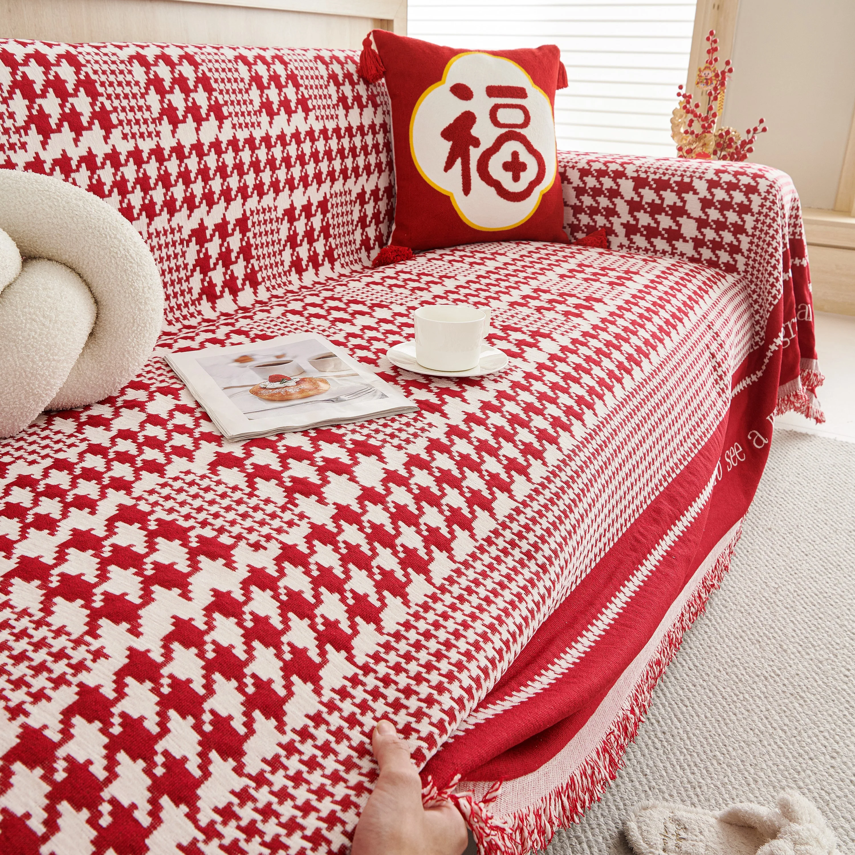 Chenille Houndstooth Couch Cover, Chaise Lounge Blanket Cover, Sectional Couch Scratch Protector - Image 81