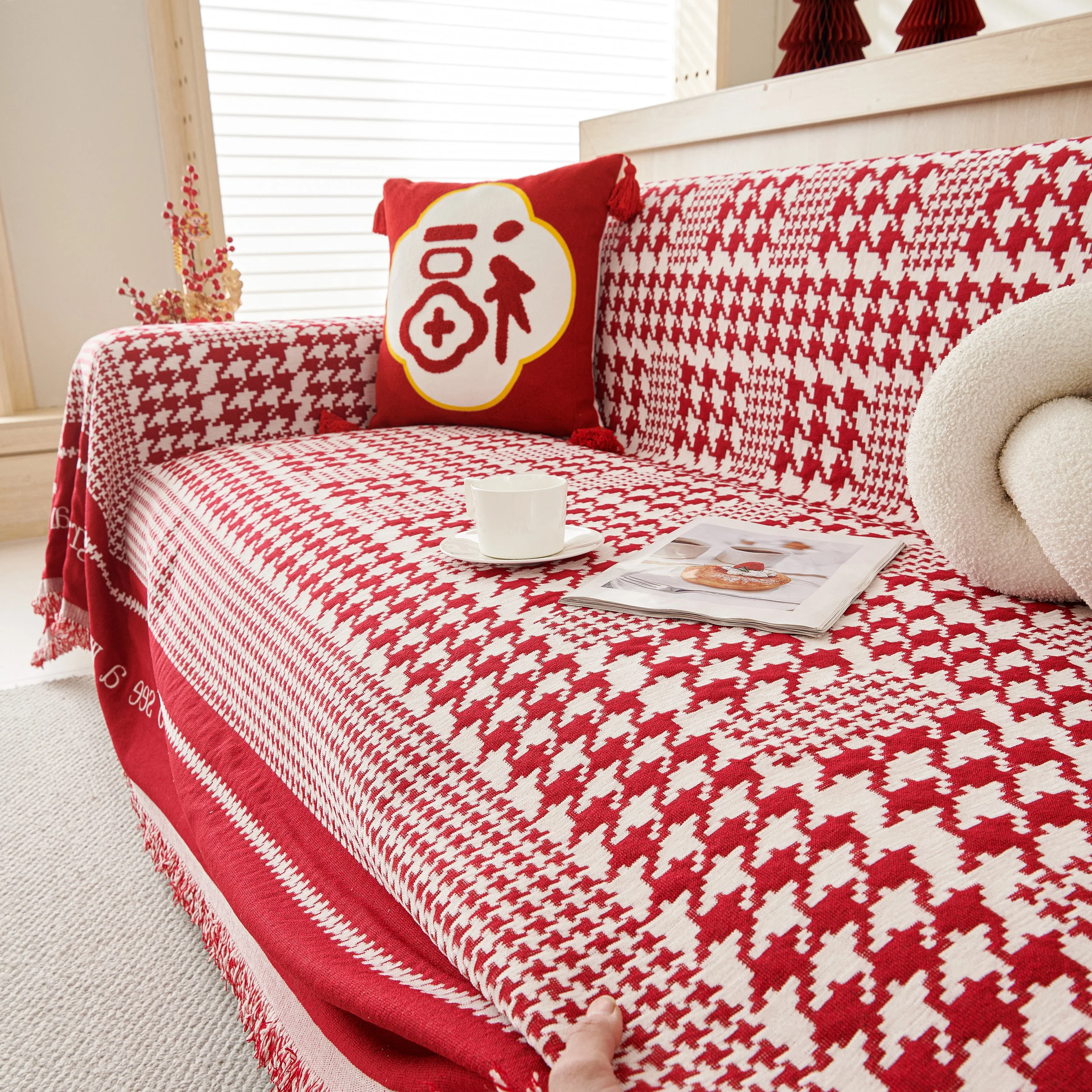 Chenille Houndstooth Couch Cover, Chaise Lounge Blanket Cover, Sectional Couch Scratch Protector - Image 82