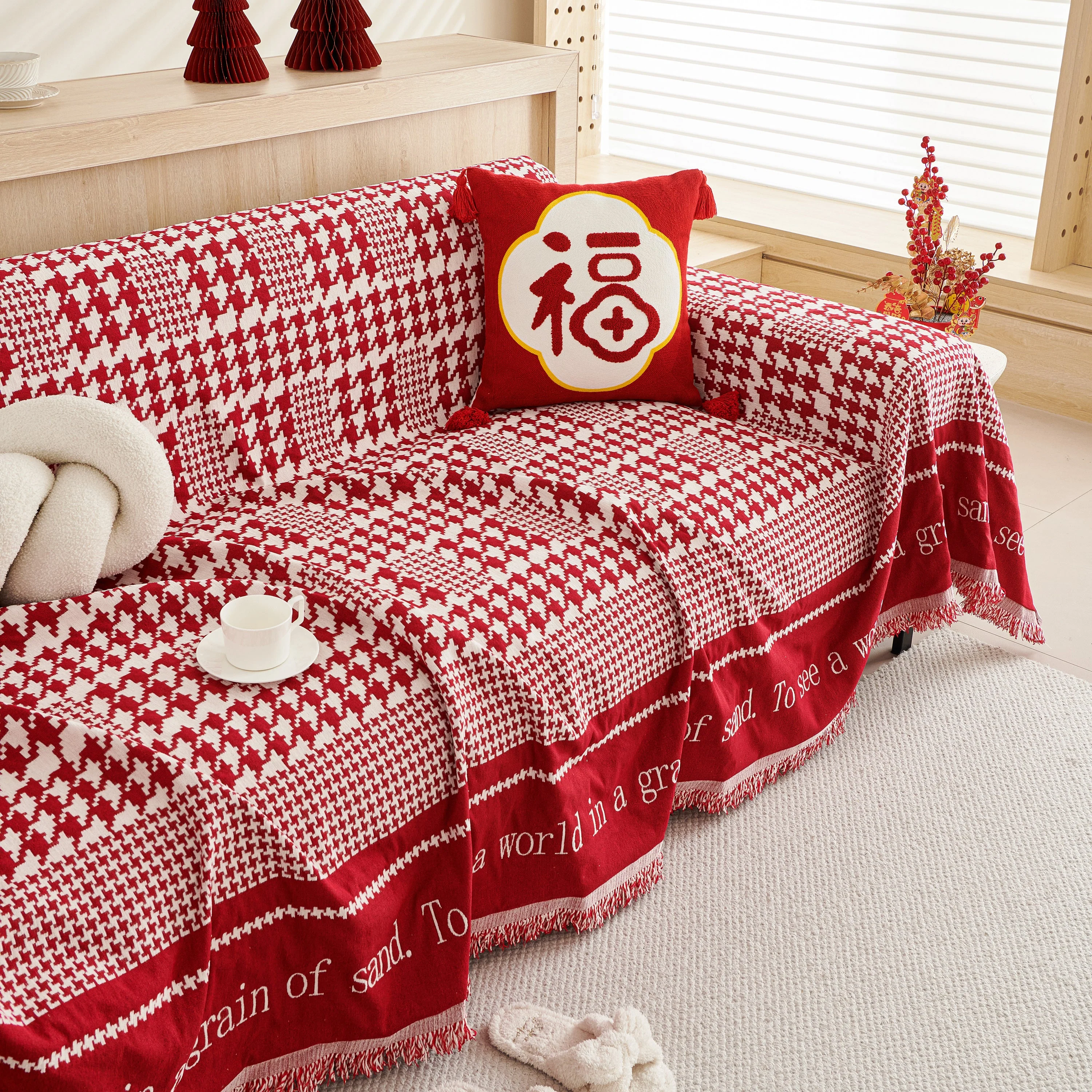 Chenille Houndstooth Couch Cover, Chaise Lounge Blanket Cover, Sectional Couch Scratch Protector - Image 83