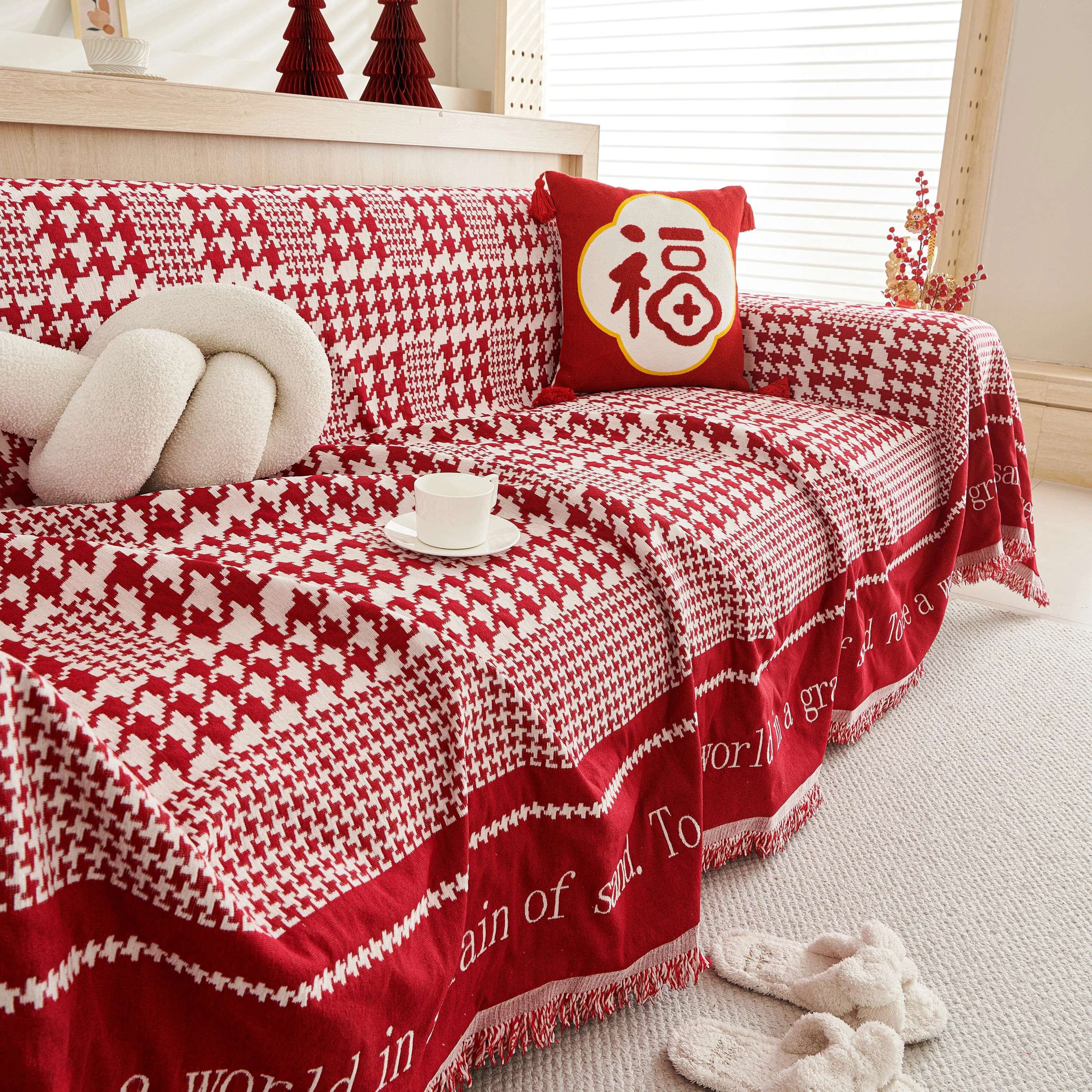 Chenille Houndstooth Couch Cover, Chaise Lounge Blanket Cover, Sectional Couch Scratch Protector - Image 84