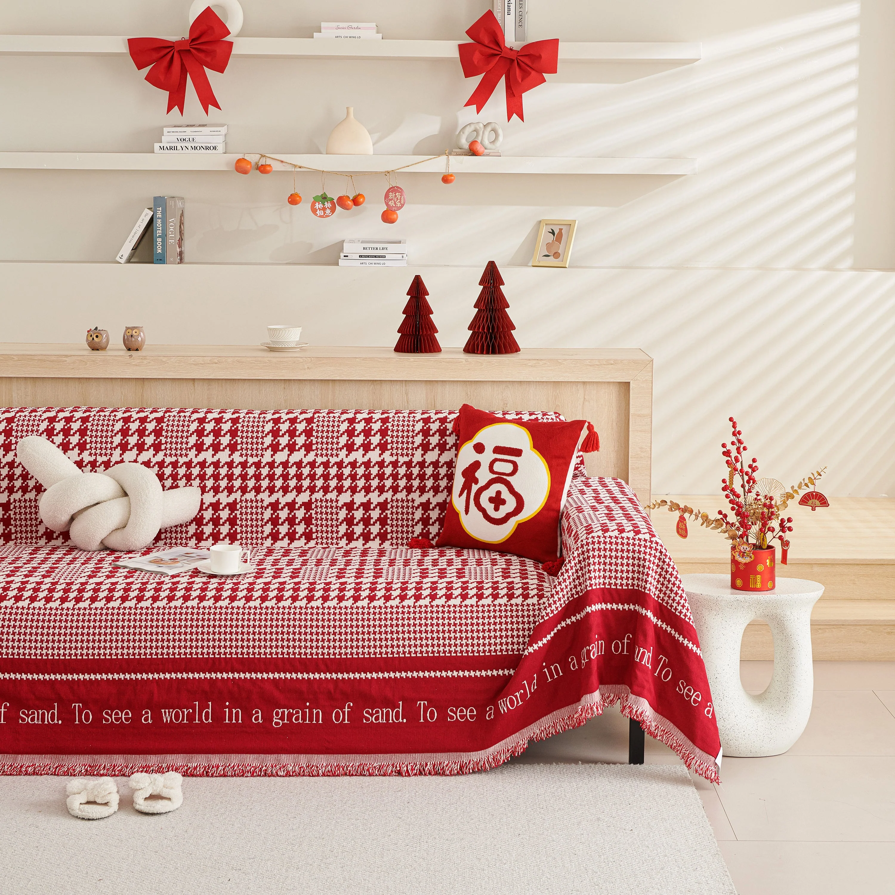 Chenille Houndstooth Couch Cover, Chaise Lounge Blanket Cover, Sectional Couch Scratch Protector - Image 97