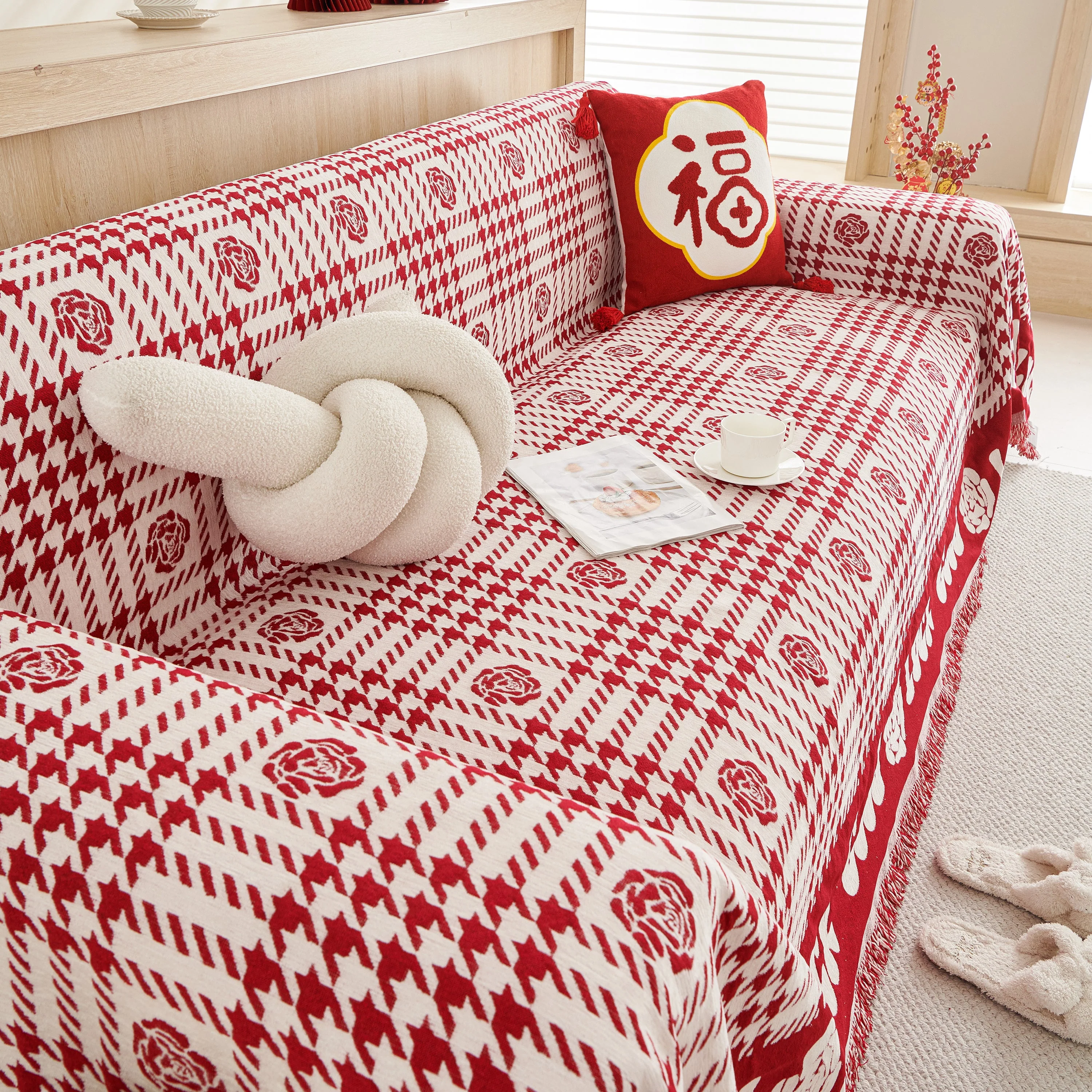 Chenille Houndstooth Sofa Throw Cover, Scratch Proof Cozy Throw Blankets for Couch - Image 55