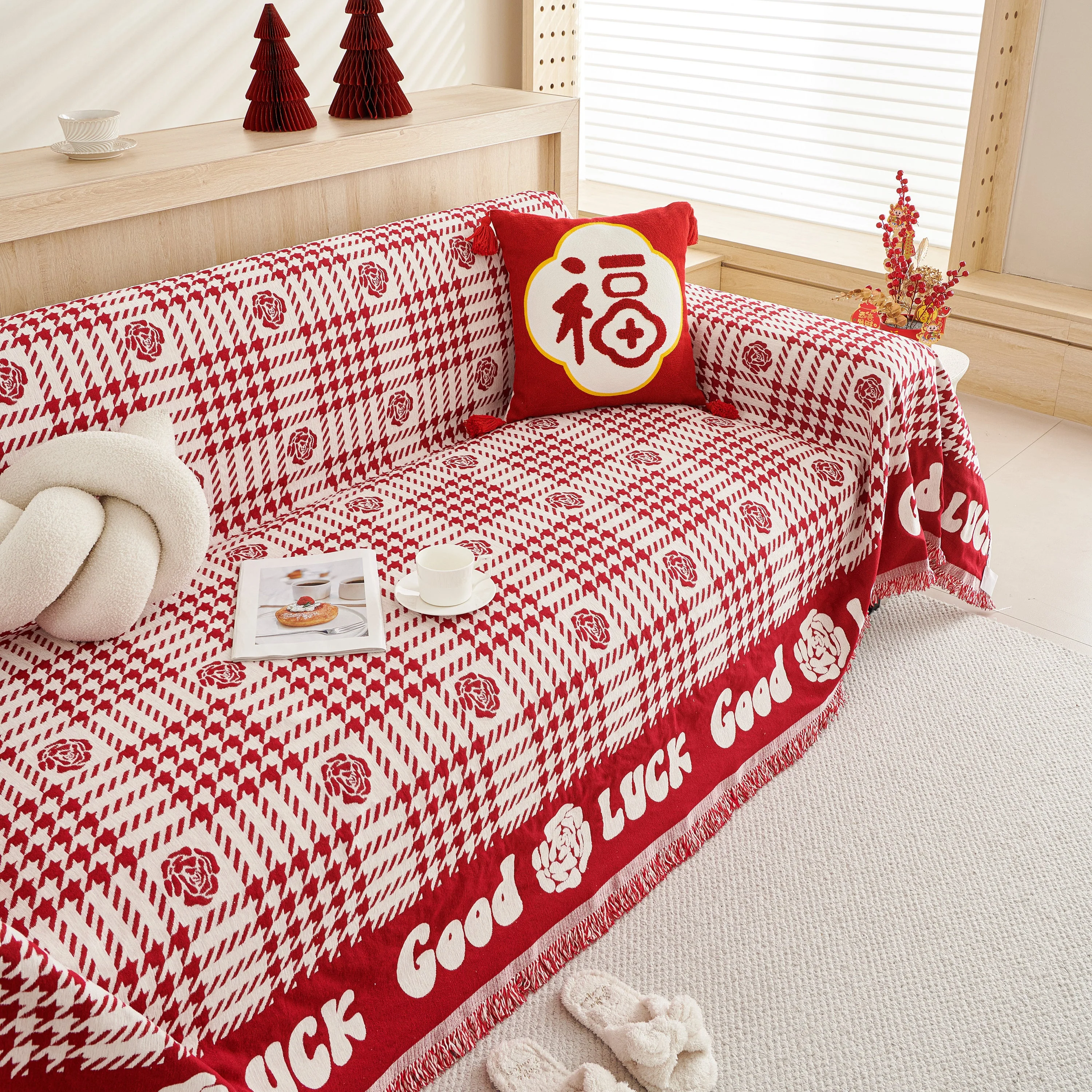 Chenille Houndstooth Sofa Throw Cover, Scratch Proof Cozy Throw Blankets for Couch - Image 57