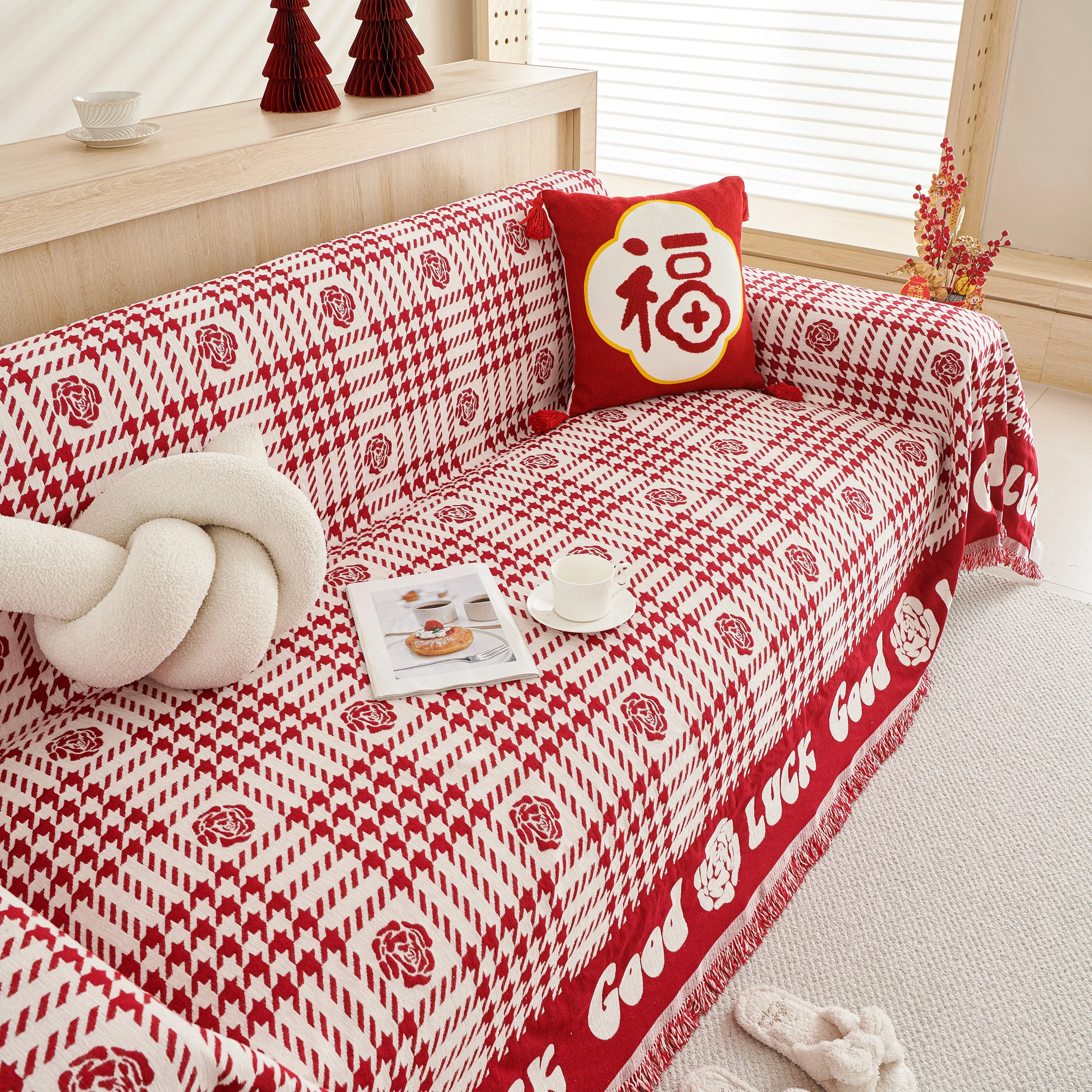 Chenille Houndstooth Sofa Throw Cover, Scratch Proof Cozy Throw Blankets for Couch - Image 58