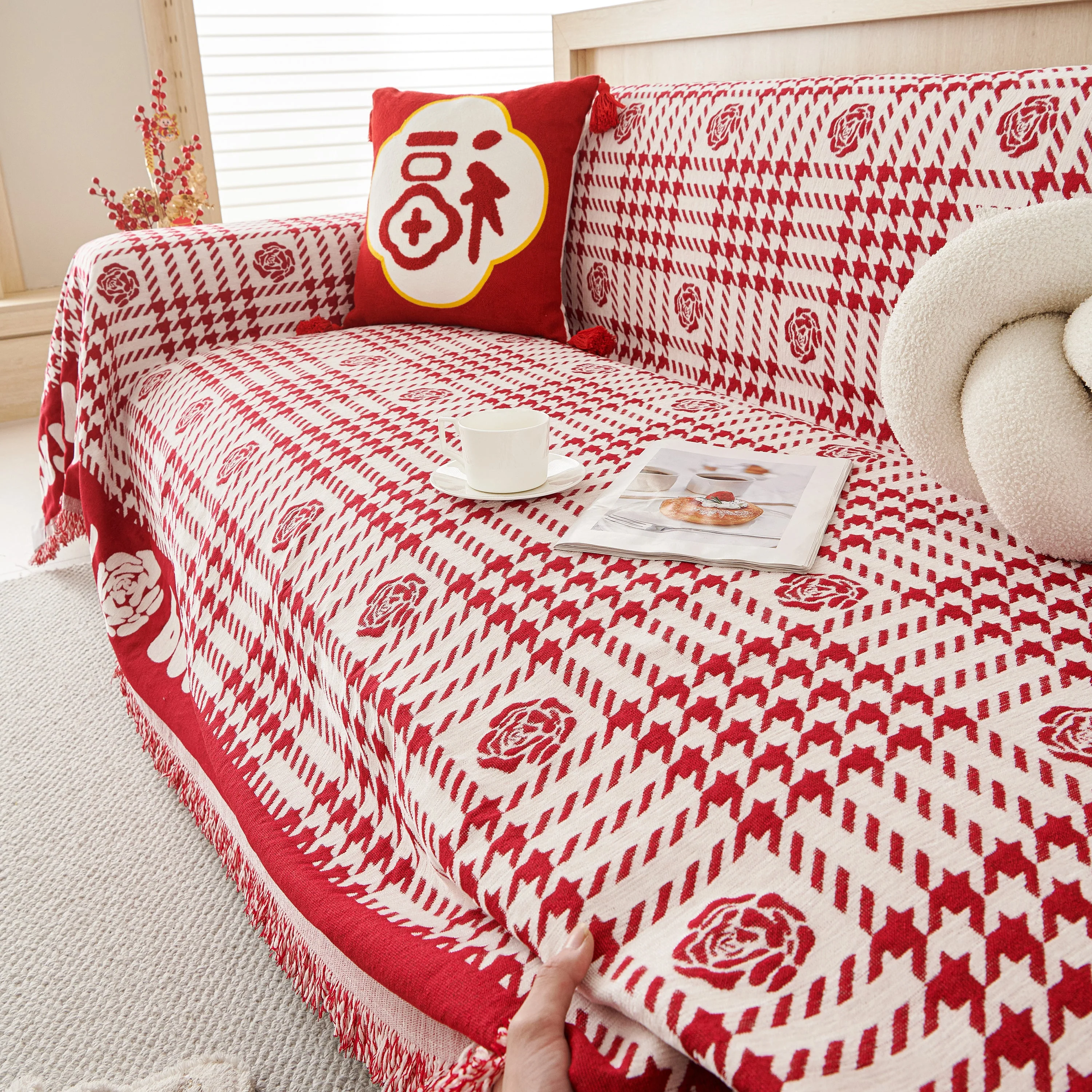 Chenille Houndstooth Sofa Throw Cover, Scratch Proof Cozy Throw Blankets for Couch - Image 63