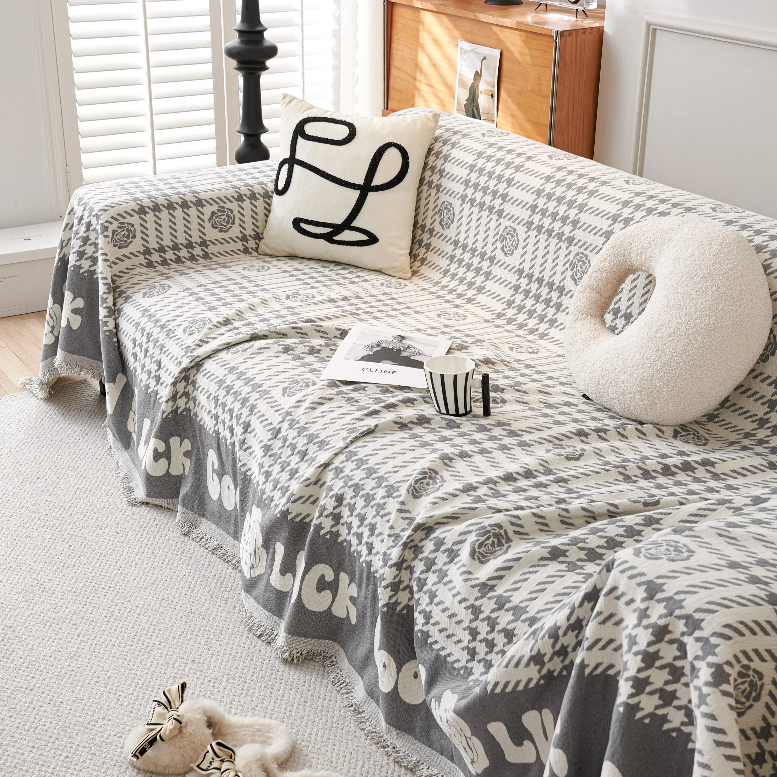 Chenille Houndstooth Sofa Throw Cover, Scratch Proof Cozy Throw Blankets for Couch - Image 92