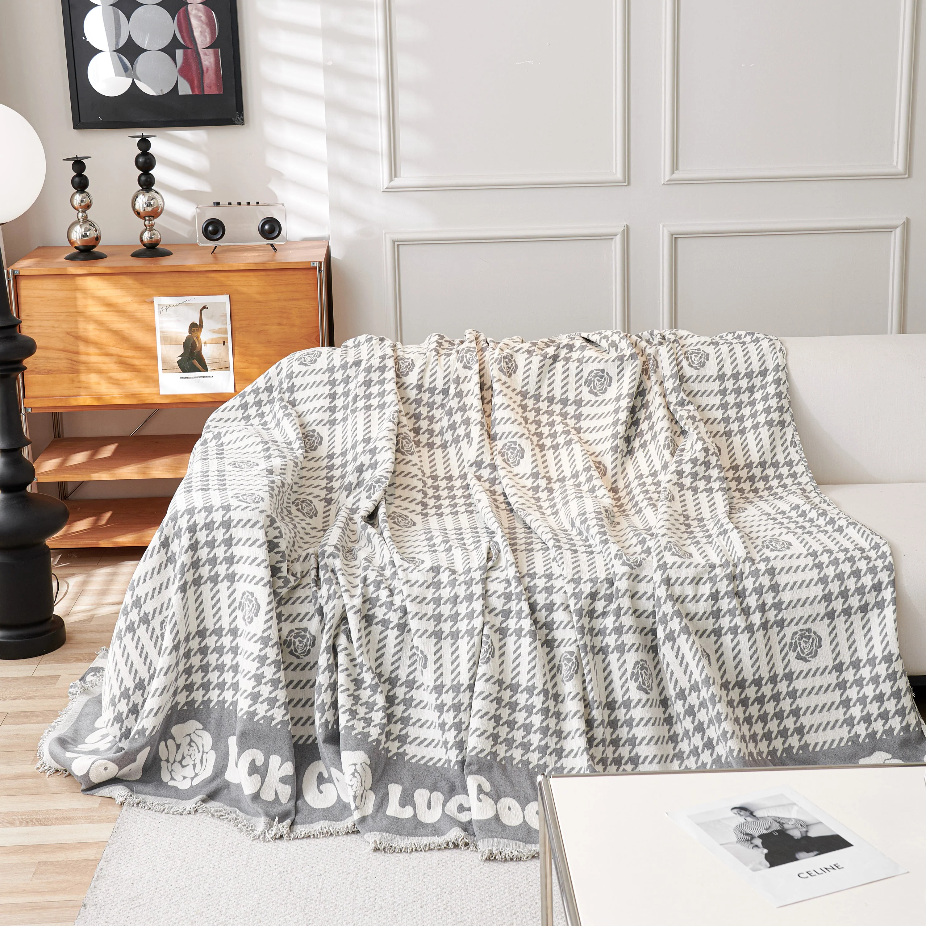 Chenille Houndstooth Sofa Throw Cover, Scratch Proof Cozy Throw Blankets for Couch - Image 97