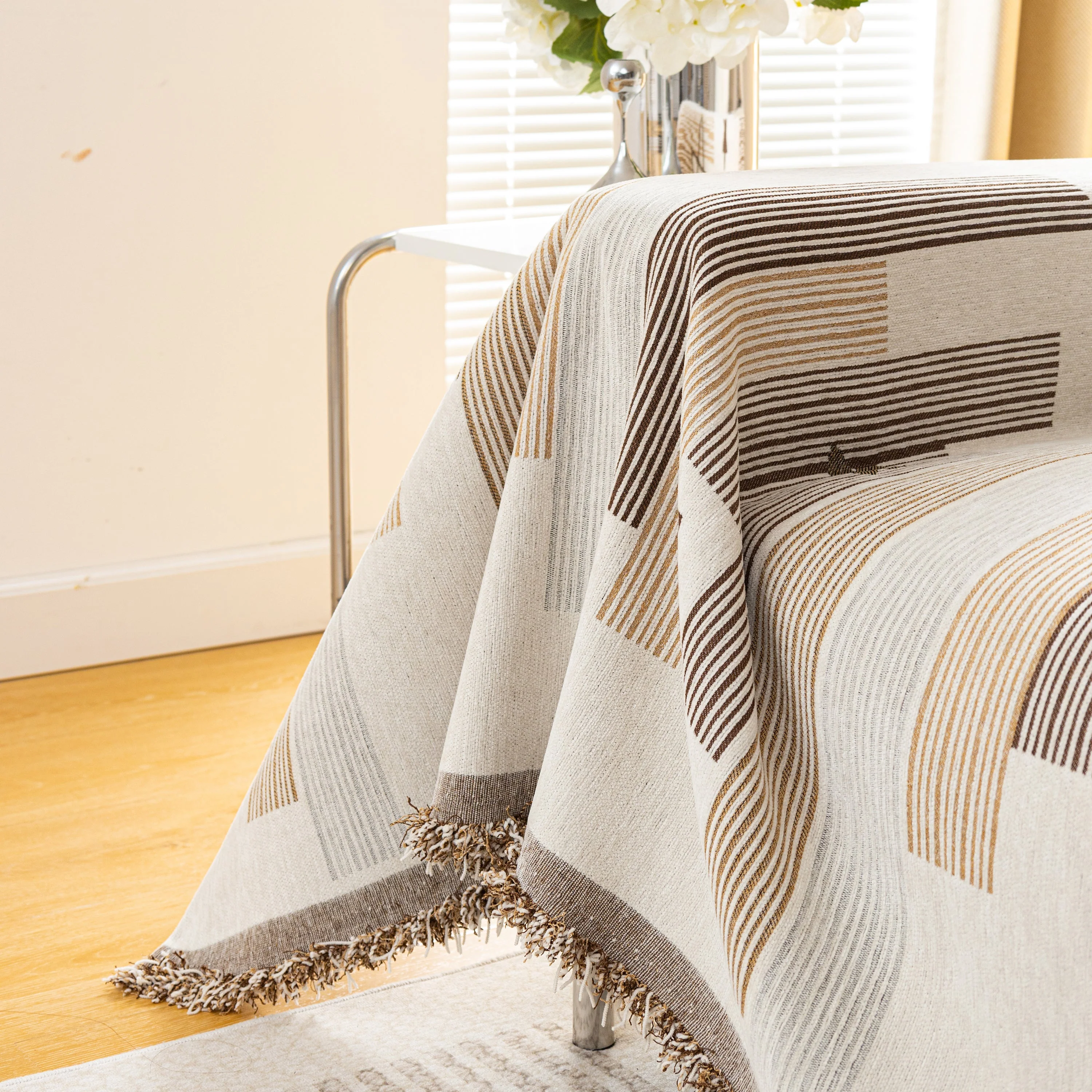 Geometric Chenille Sofa Throw Cover, Breathable Couch Protector with Tassel Fringe - Image 54