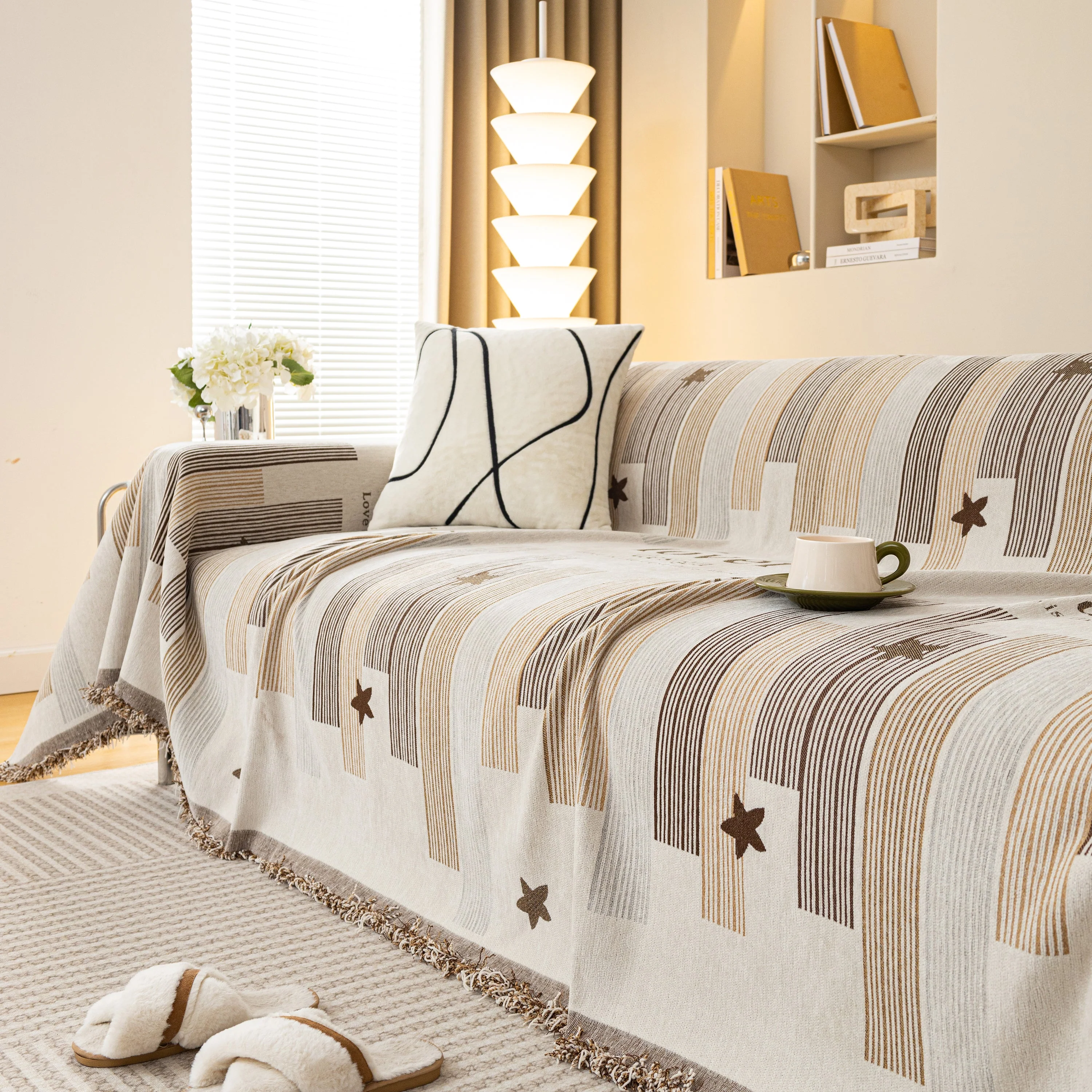 Geometric Chenille Sofa Throw Cover, Breathable Couch Protector with Tassel Fringe - Image 57