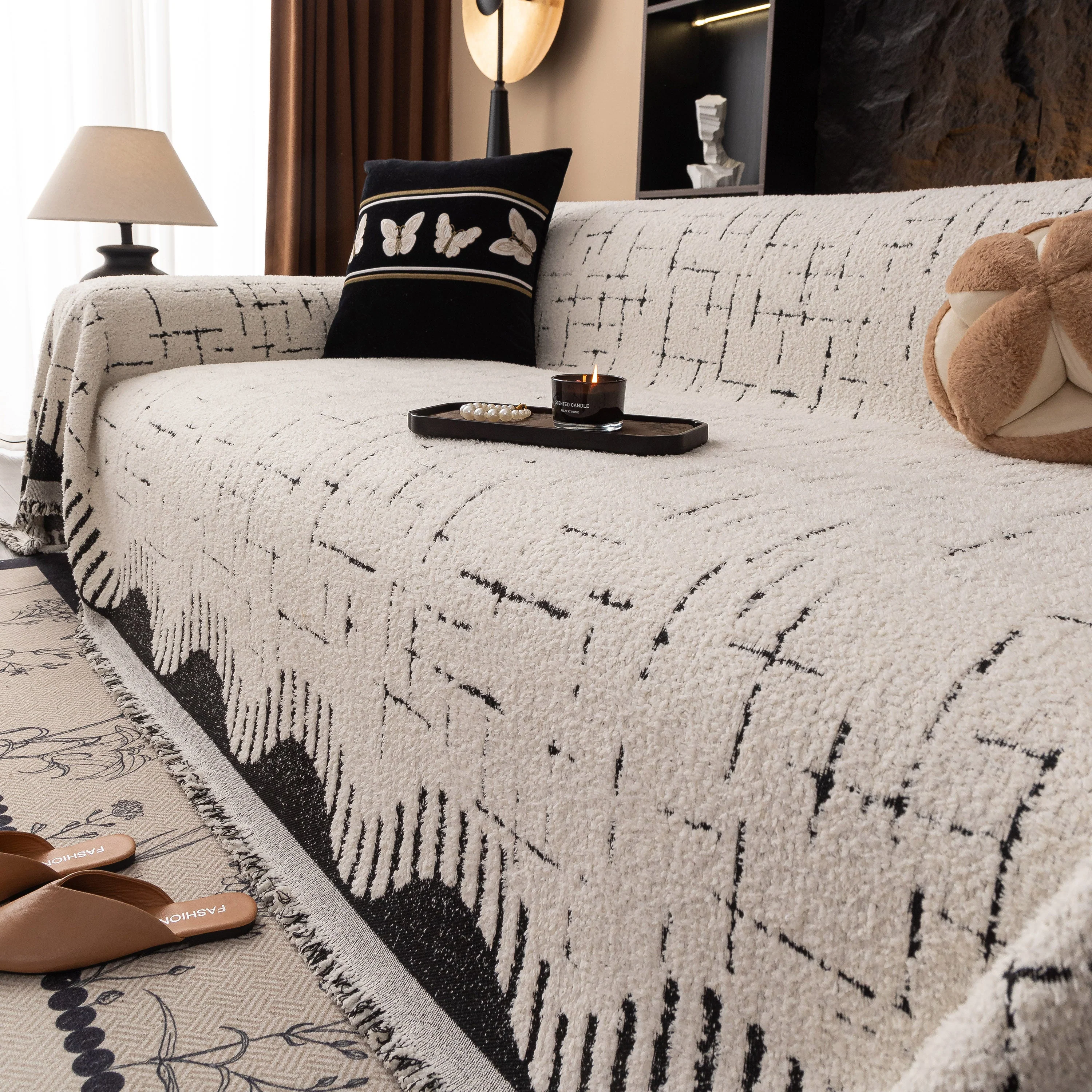 Chenille Sofa Cover Throw Blanket Woven Textured Decorative Furniture Slipcover - Image 17