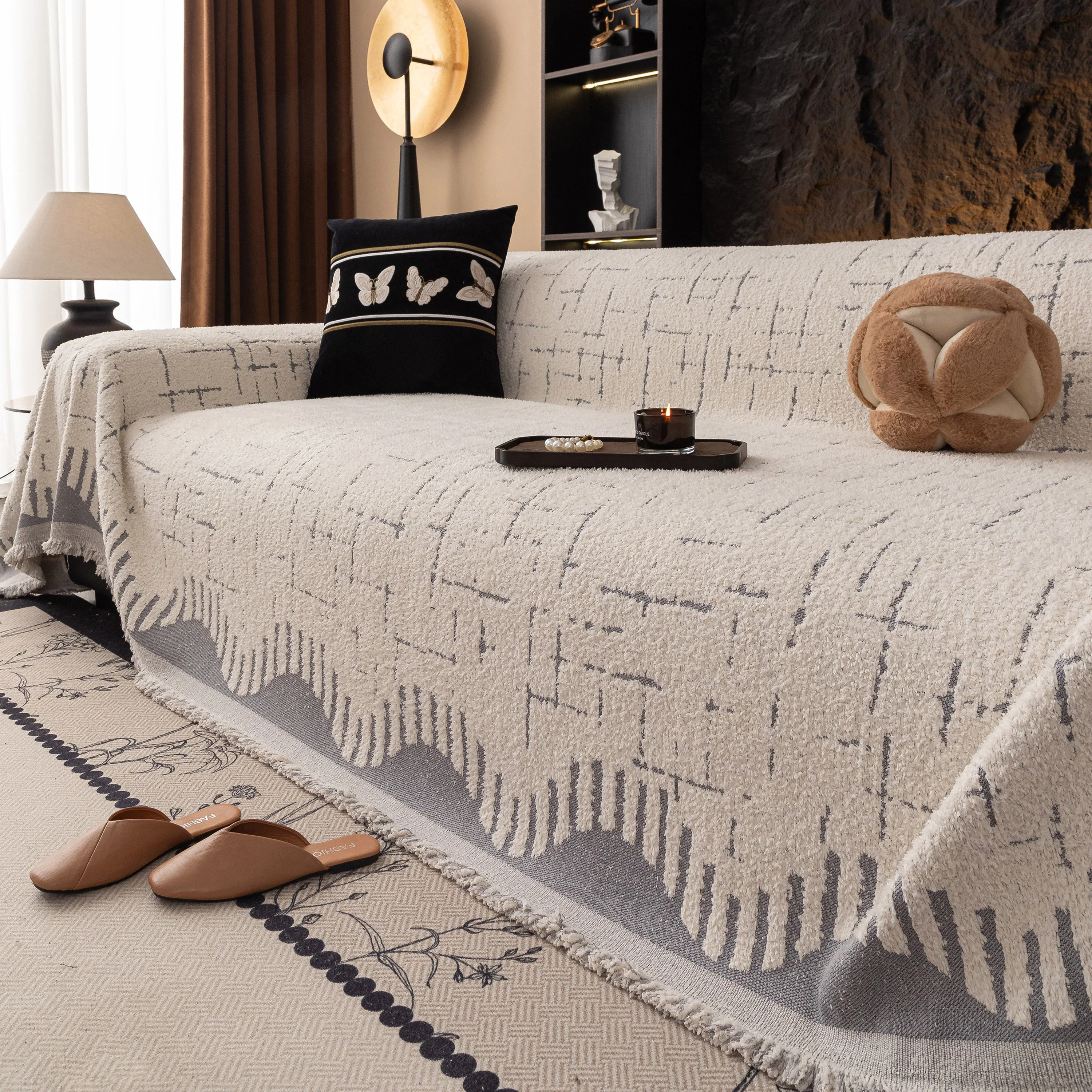 Chenille Sofa Cover Throw Blanket Woven Textured Decorative Furniture Slipcover - Image 21