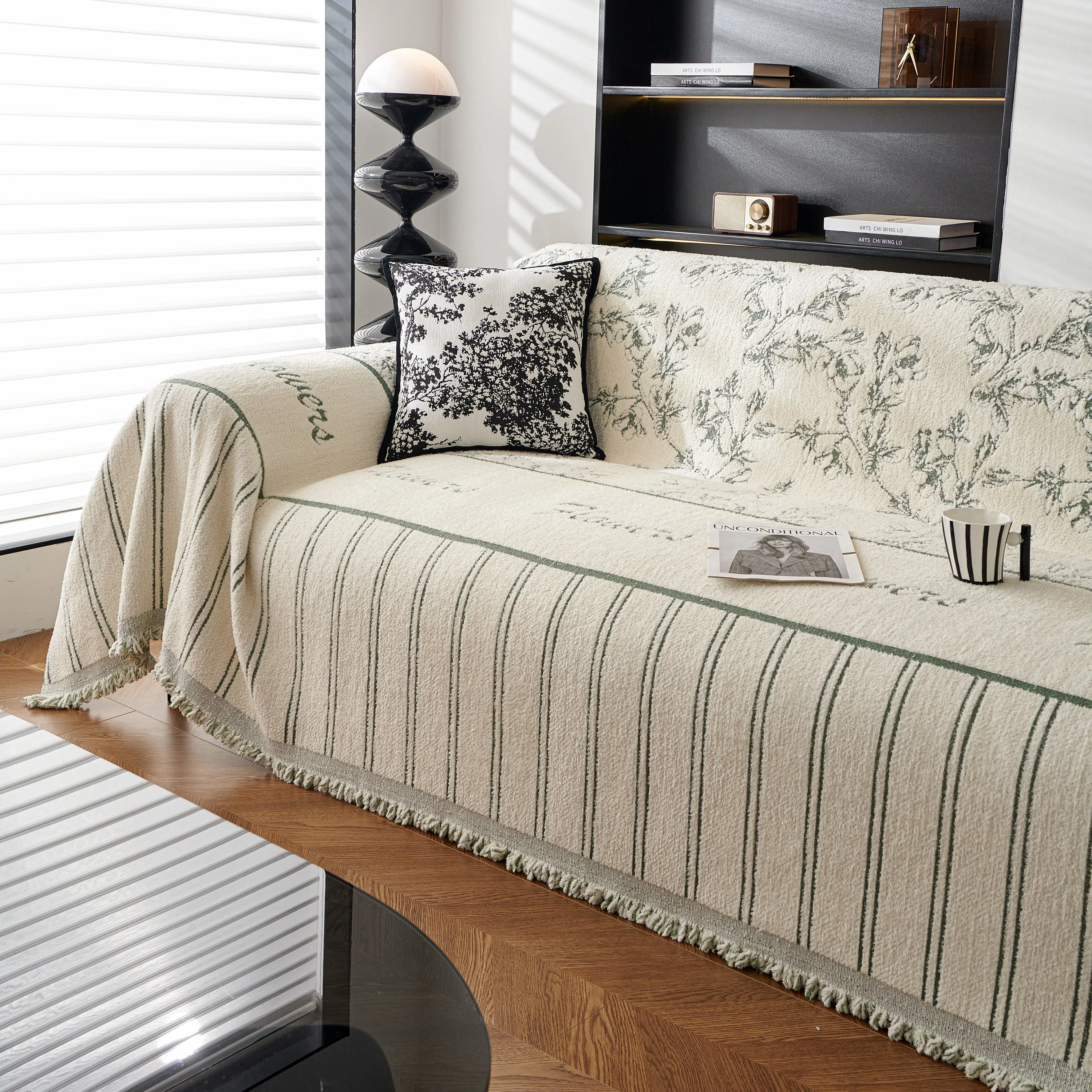 Chenille Striped Floral Couch Cover Sofa Slipcover for Most Shape Sofas, Reversible Sofa Throw Cover - Image 23