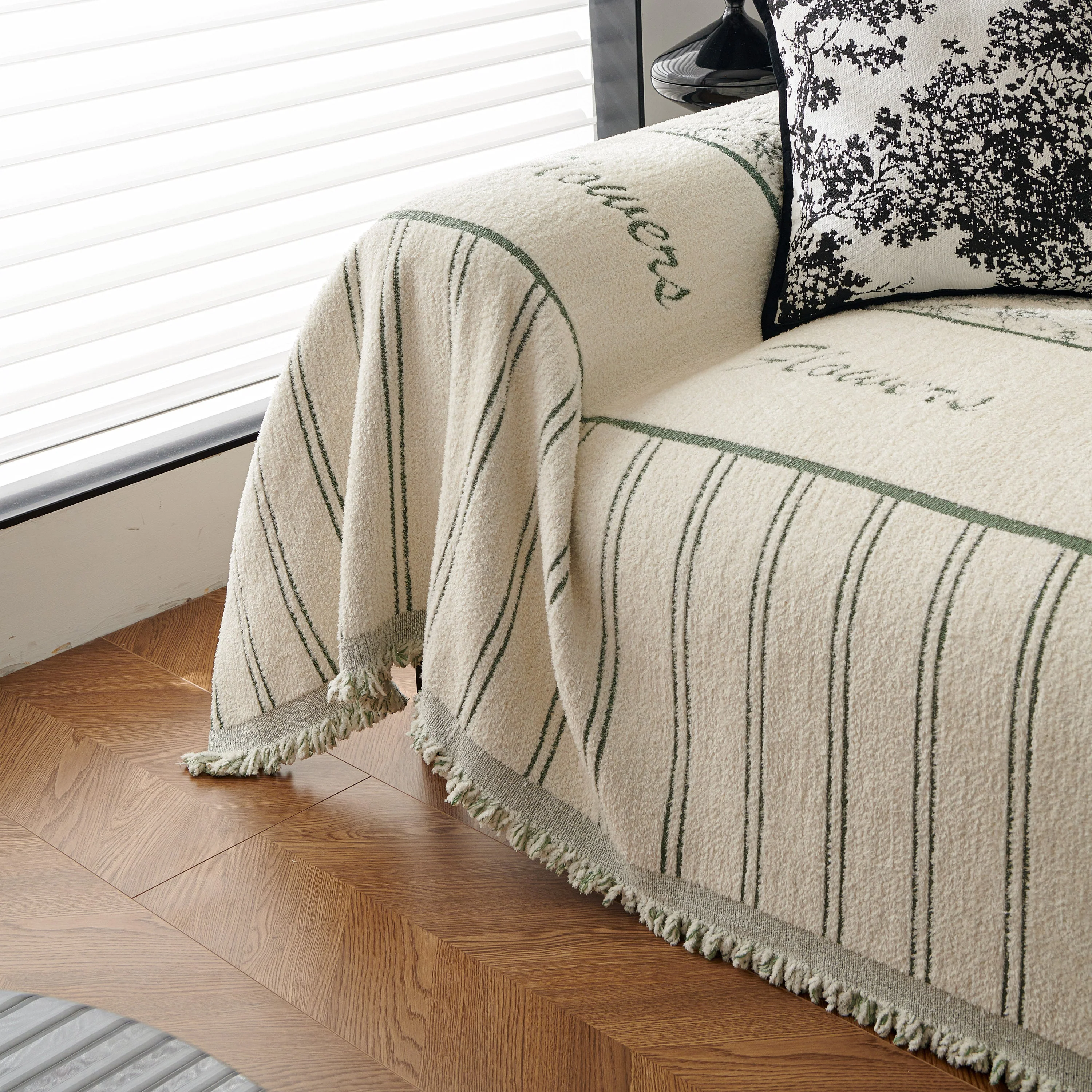 Chenille Striped Floral Couch Cover Sofa Slipcover for Most Shape Sofas, Reversible Sofa Throw Cover - Image 24