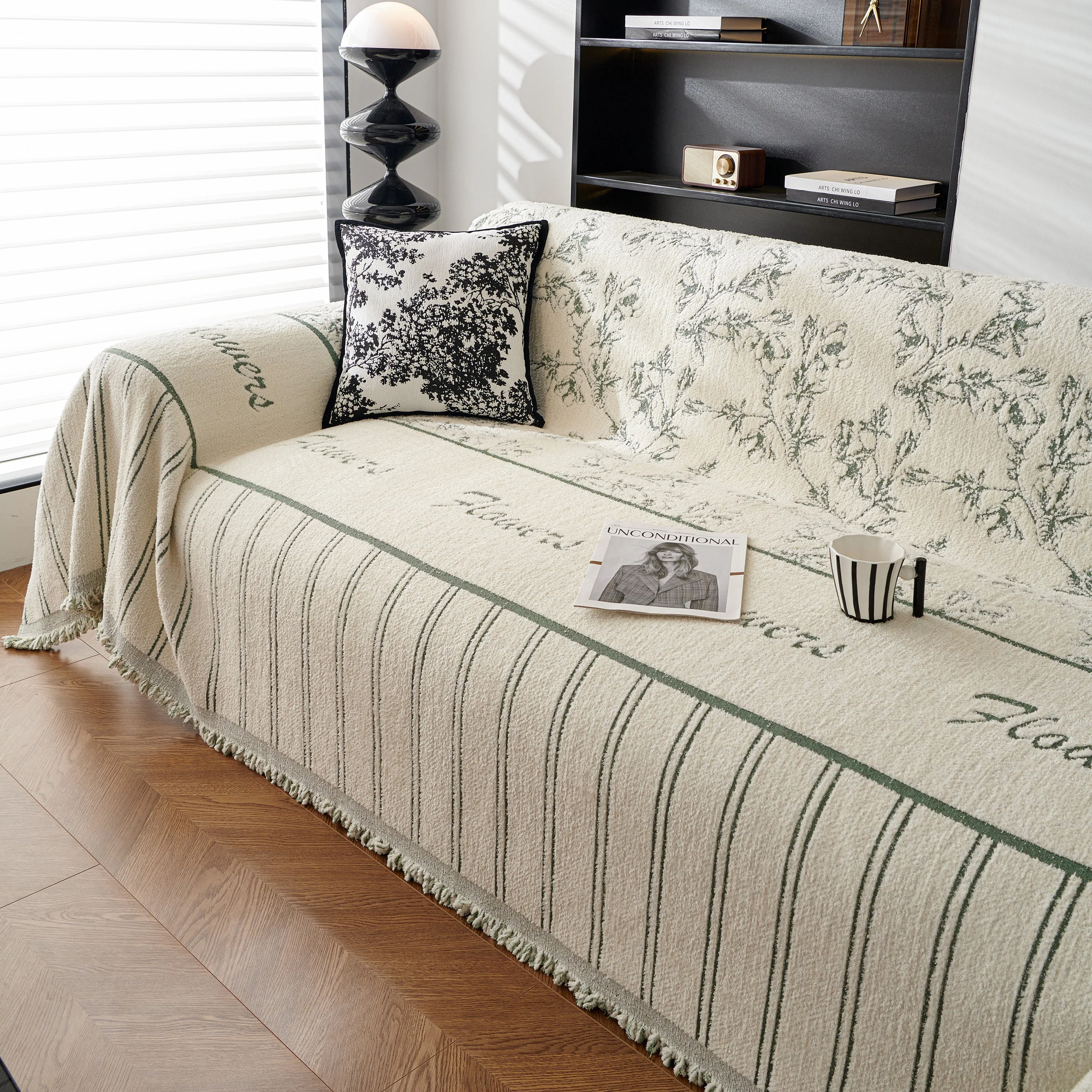 Chenille Striped Floral Couch Cover Sofa Slipcover for Most Shape Sofas, Reversible Sofa Throw Cover - Image 26