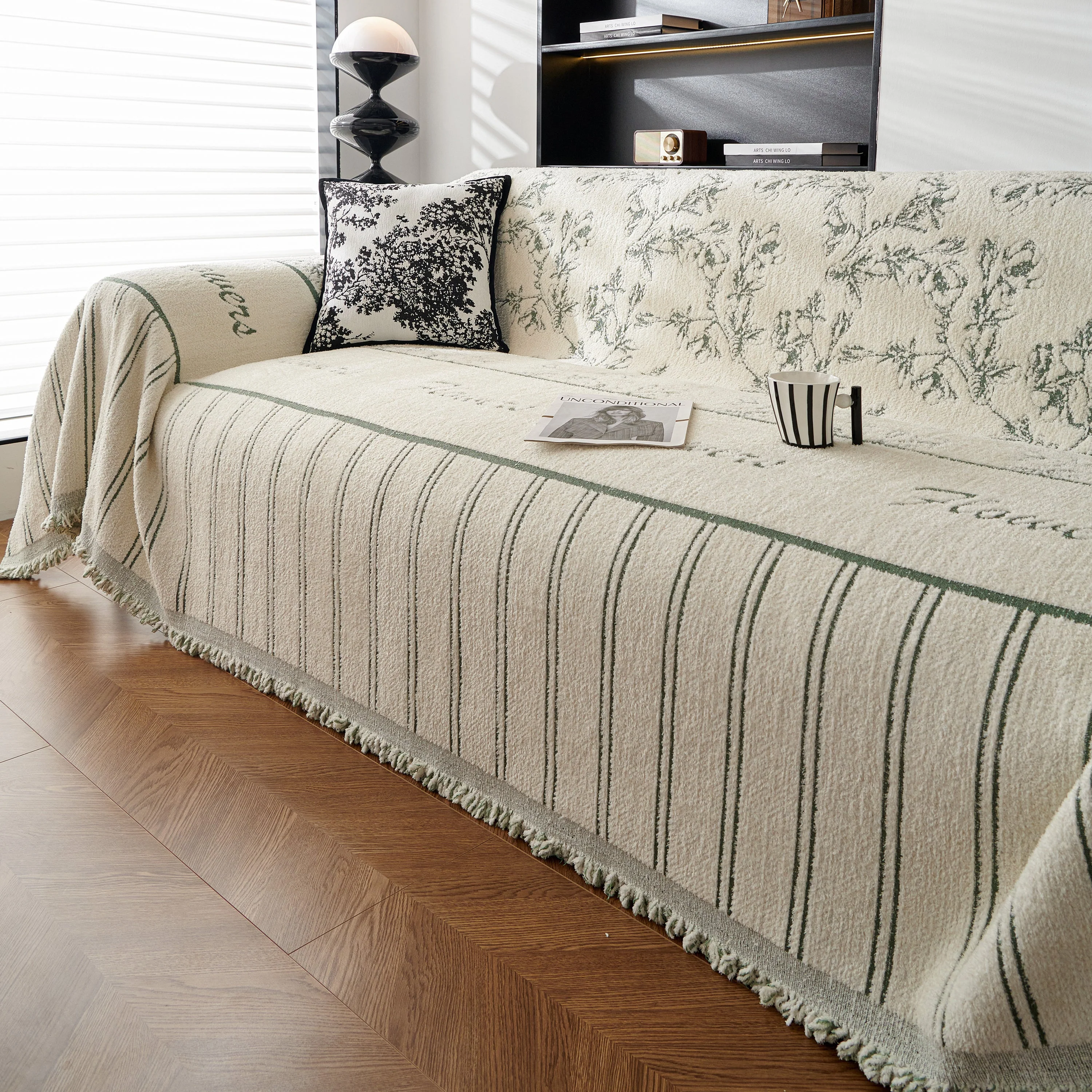 Chenille Striped Floral Couch Cover Sofa Slipcover for Most Shape Sofas, Reversible Sofa Throw Cover - Image 27