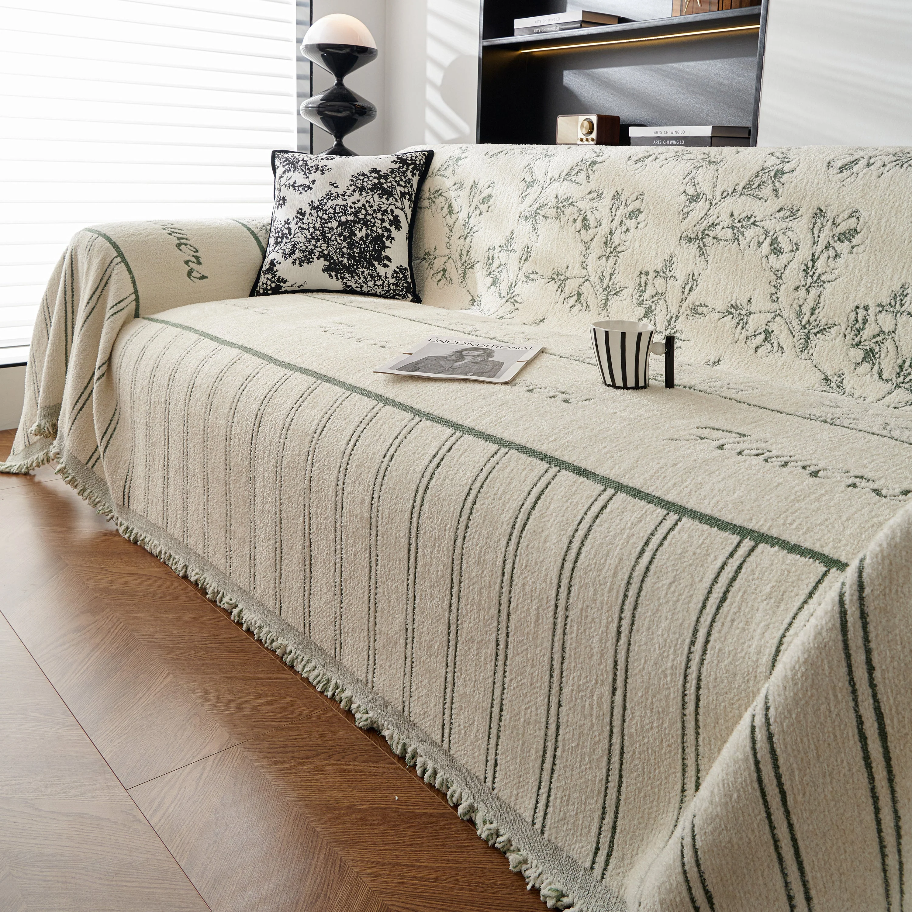 Chenille Striped Floral Couch Cover Sofa Slipcover for Most Shape Sofas, Reversible Sofa Throw Cover - Image 28