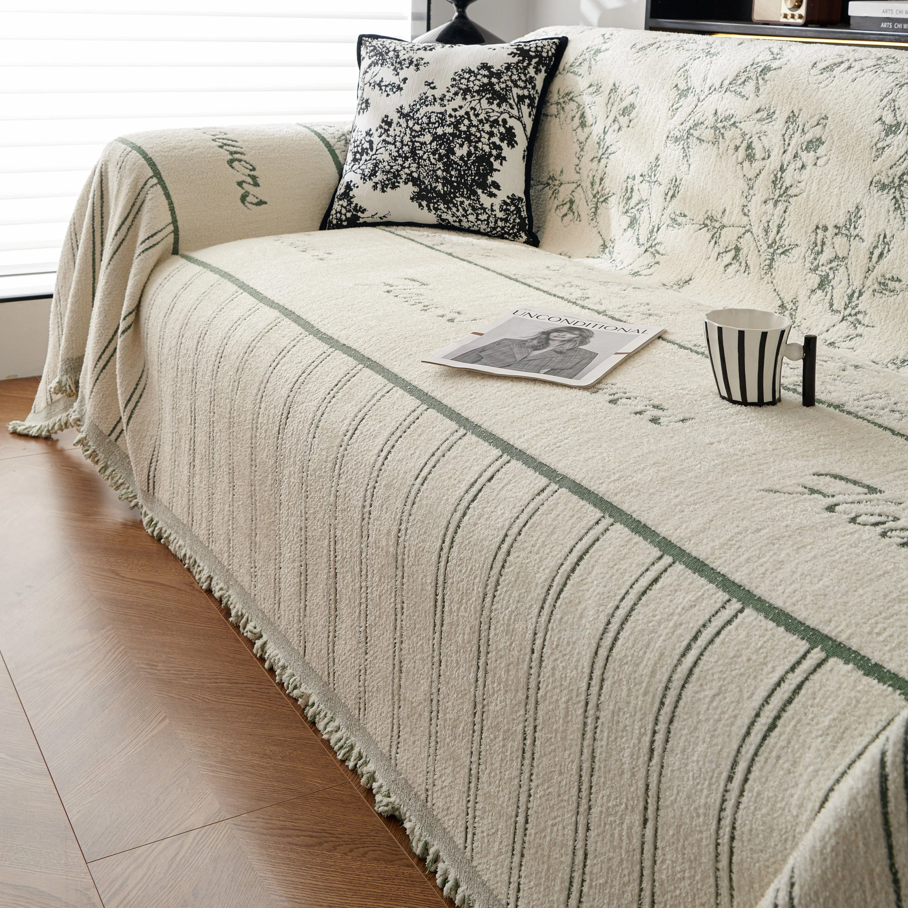 Chenille Striped Floral Couch Cover Sofa Slipcover for Most Shape Sofas, Reversible Sofa Throw Cover - Image 33
