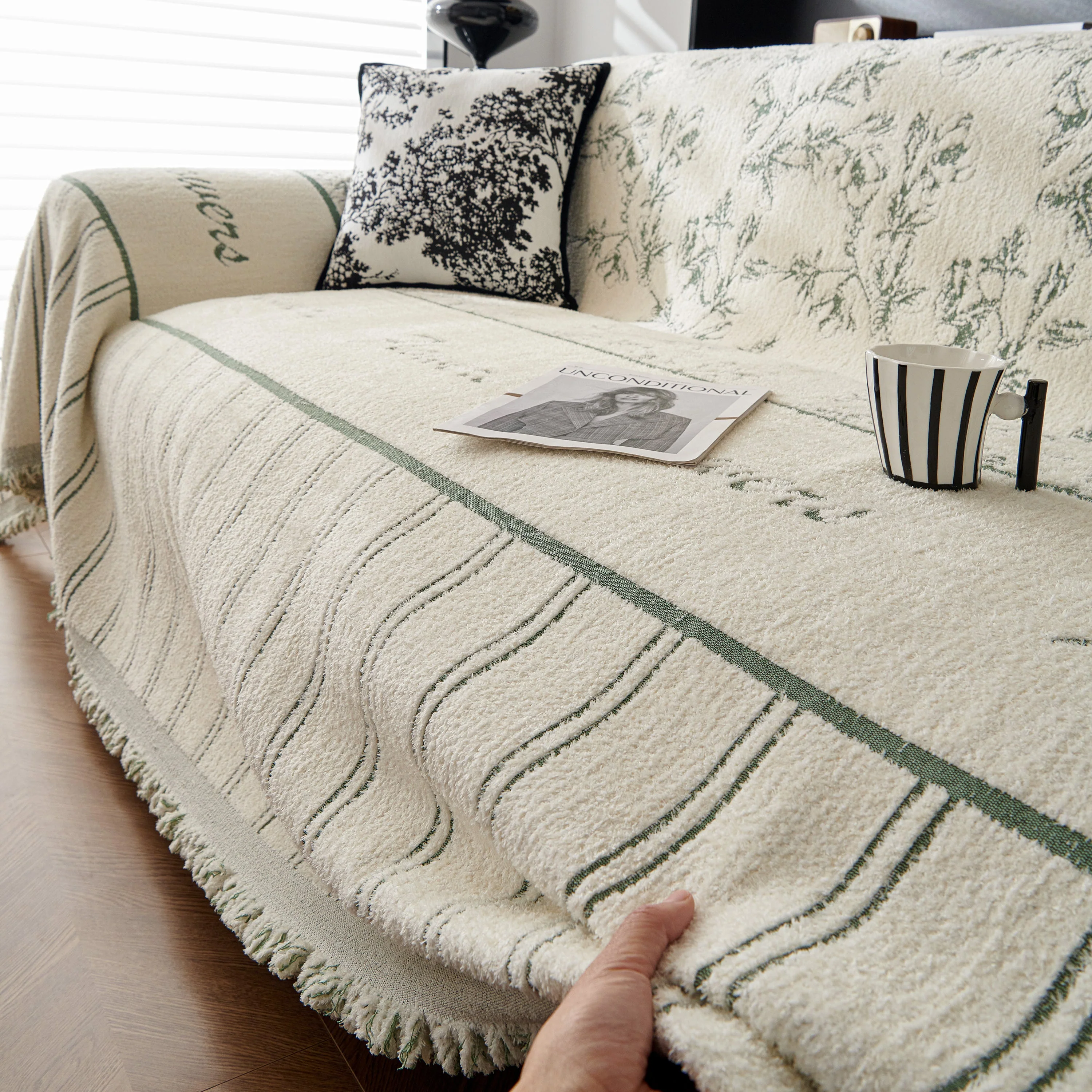 Chenille Striped Floral Couch Cover Sofa Slipcover for Most Shape Sofas, Reversible Sofa Throw Cover - Image 34