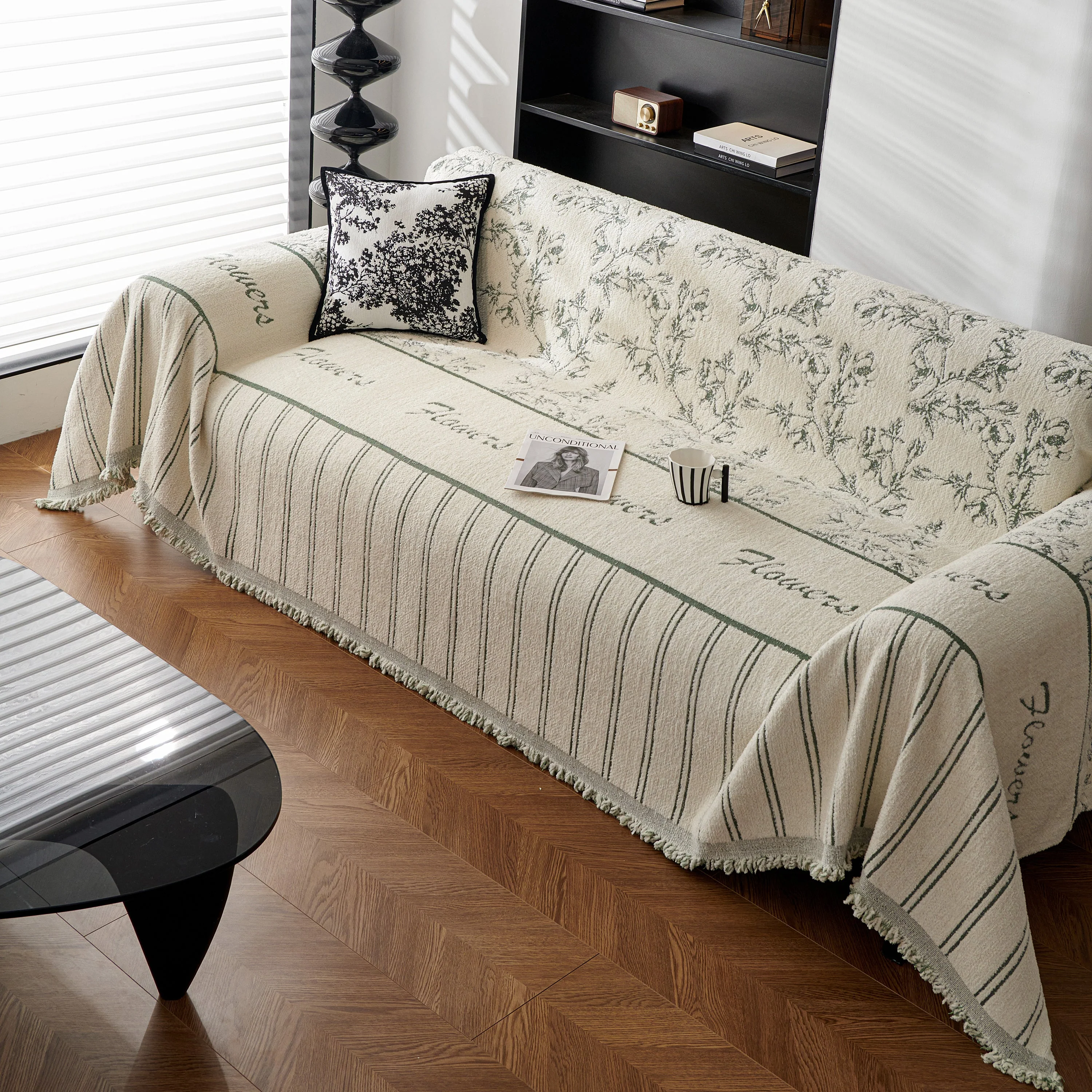 Chenille Striped Floral Couch Cover Sofa Slipcover for Most Shape Sofas, Reversible Sofa Throw Cover - Image 52