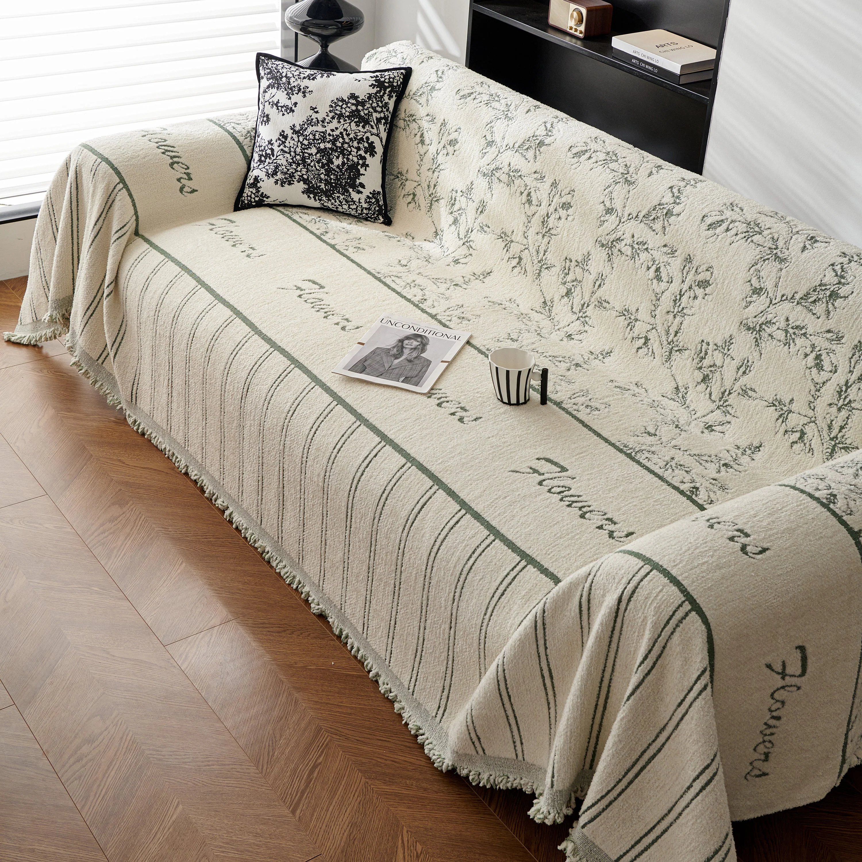 Chenille Striped Floral Couch Cover Sofa Slipcover for Most Shape Sofas, Reversible Sofa Throw Cover - Image 54