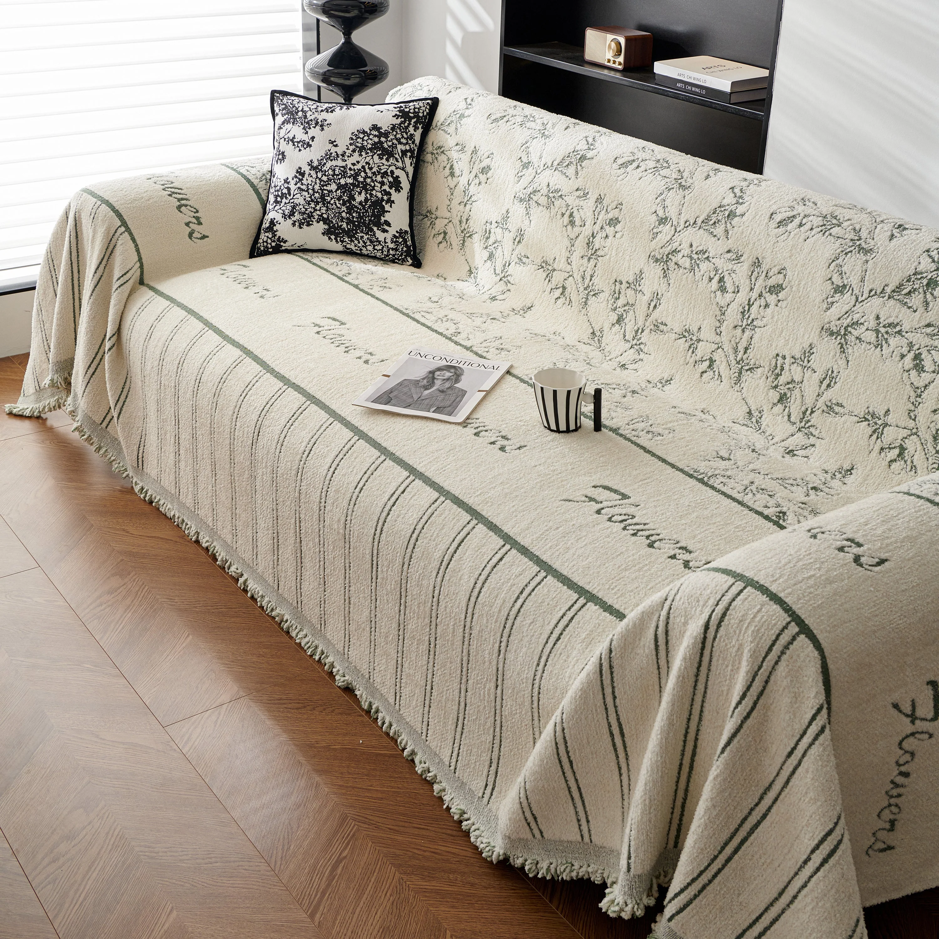 Chenille Striped Floral Couch Cover Sofa Slipcover for Most Shape Sofas, Reversible Sofa Throw Cover - Image 55