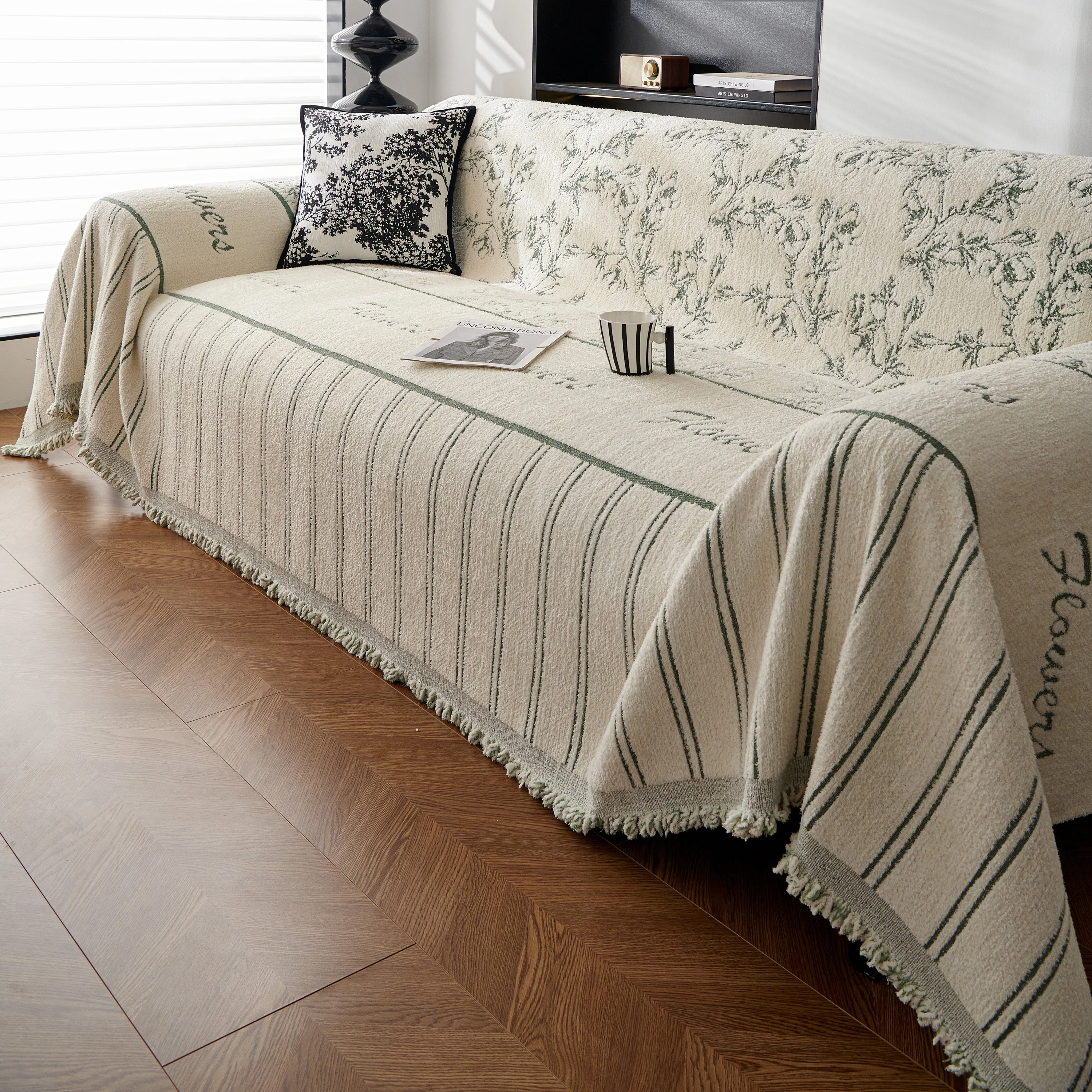 Chenille Striped Floral Couch Cover Sofa Slipcover for Most Shape Sofas, Reversible Sofa Throw Cover - Image 56