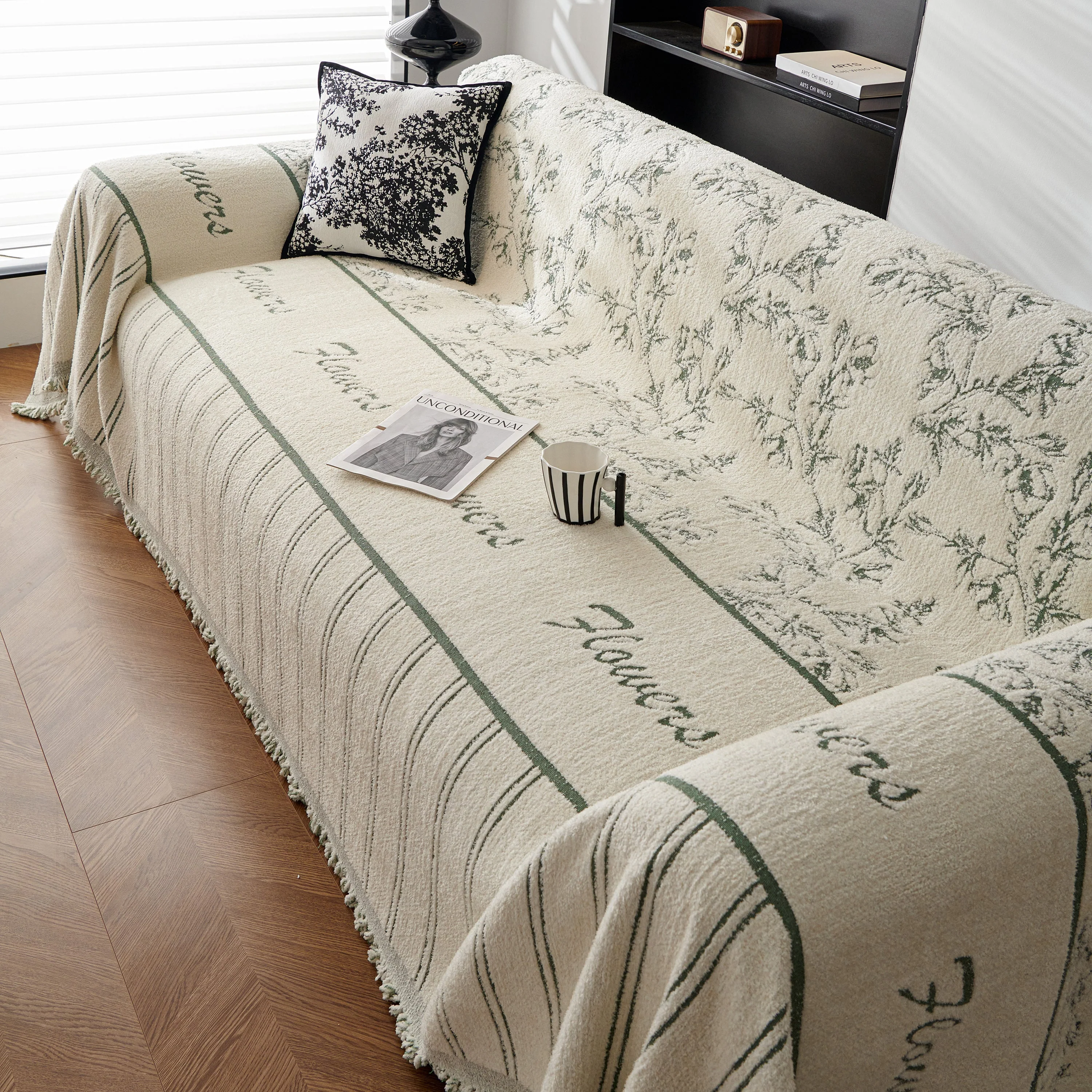 Chenille Striped Floral Couch Cover Sofa Slipcover for Most Shape Sofas, Reversible Sofa Throw Cover - Image 57