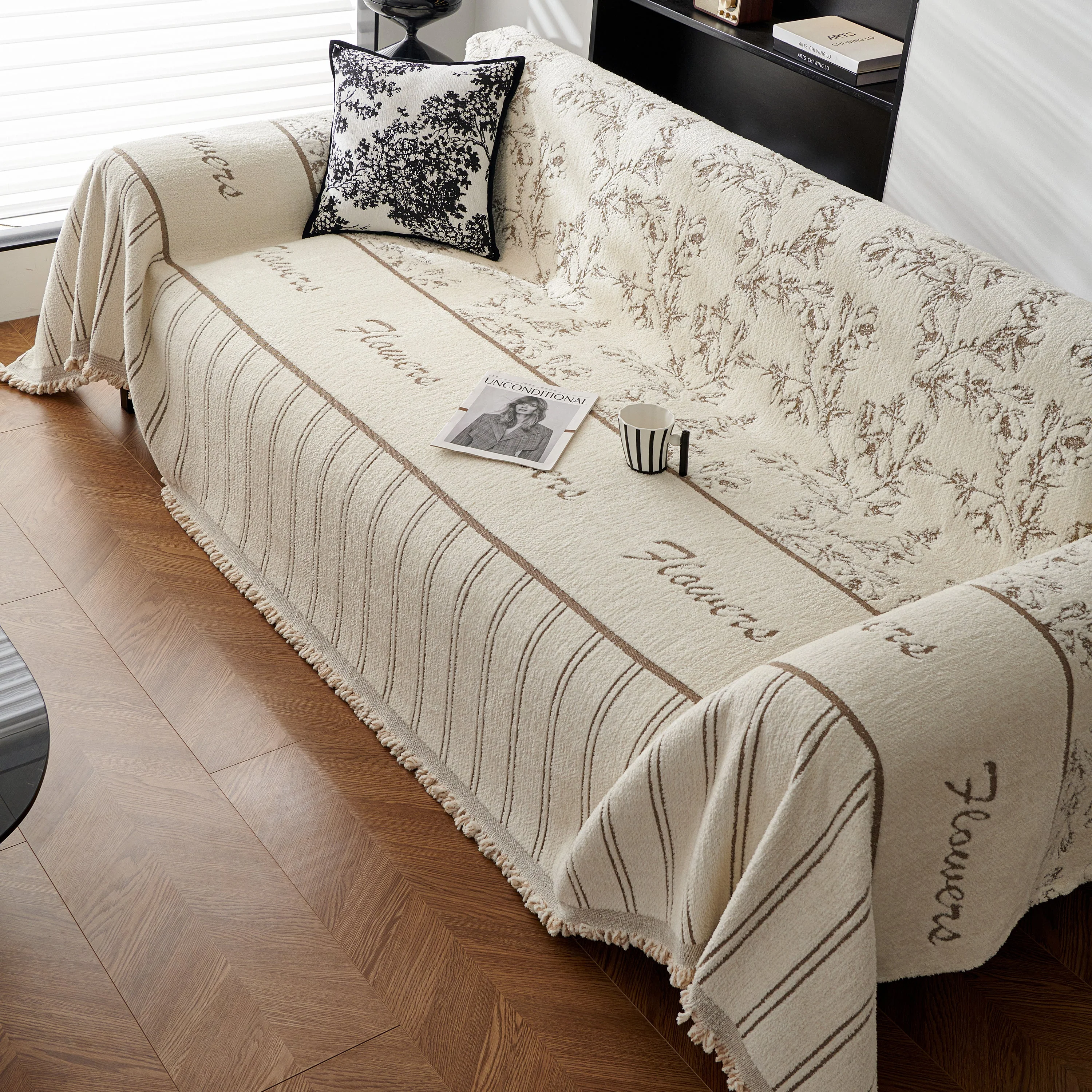 Chenille Striped Floral Couch Cover Sofa Slipcover for Most Shape Sofas, Reversible Sofa Throw Cover - Image 66