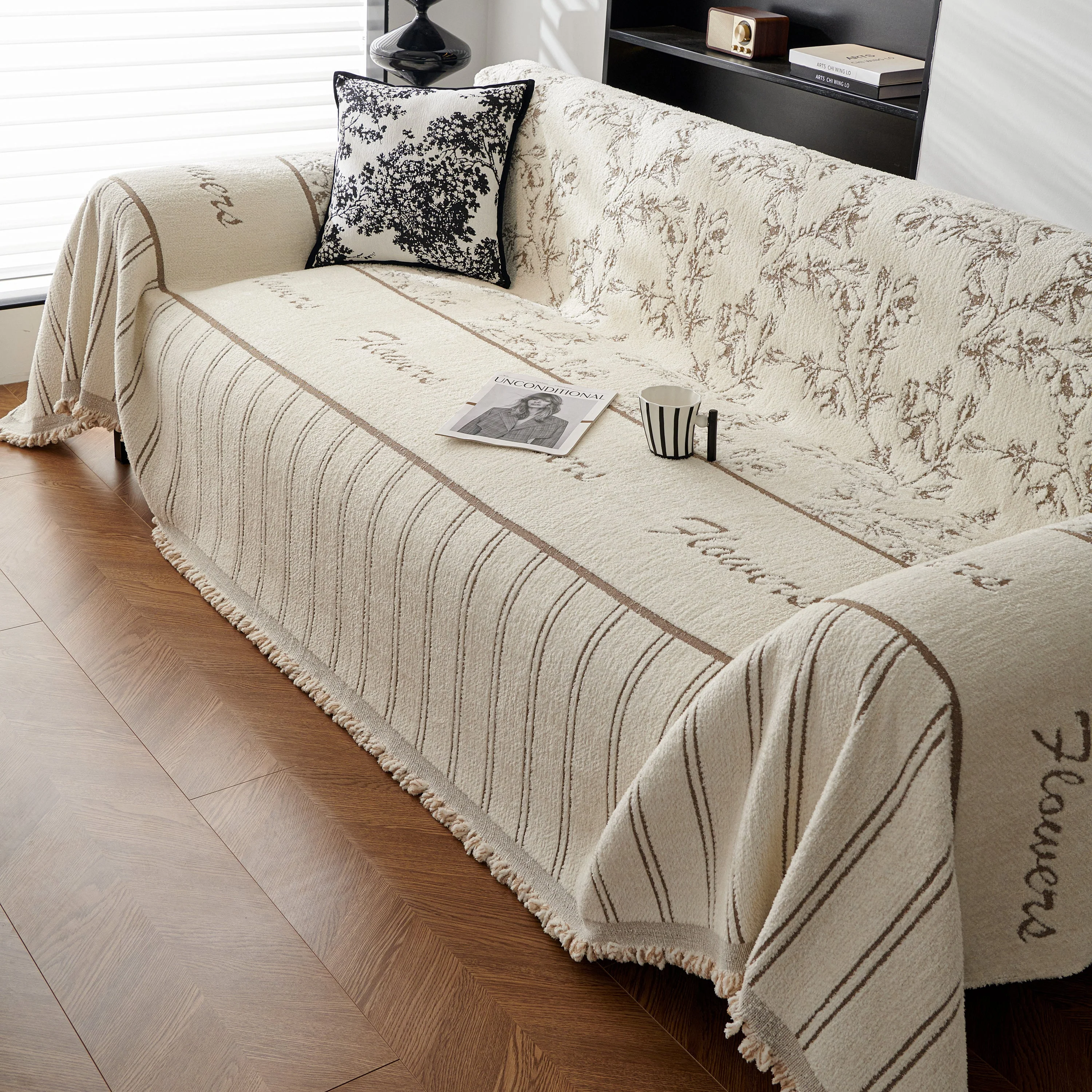 Chenille Striped Floral Couch Cover Sofa Slipcover for Most Shape Sofas, Reversible Sofa Throw Cover - Image 67