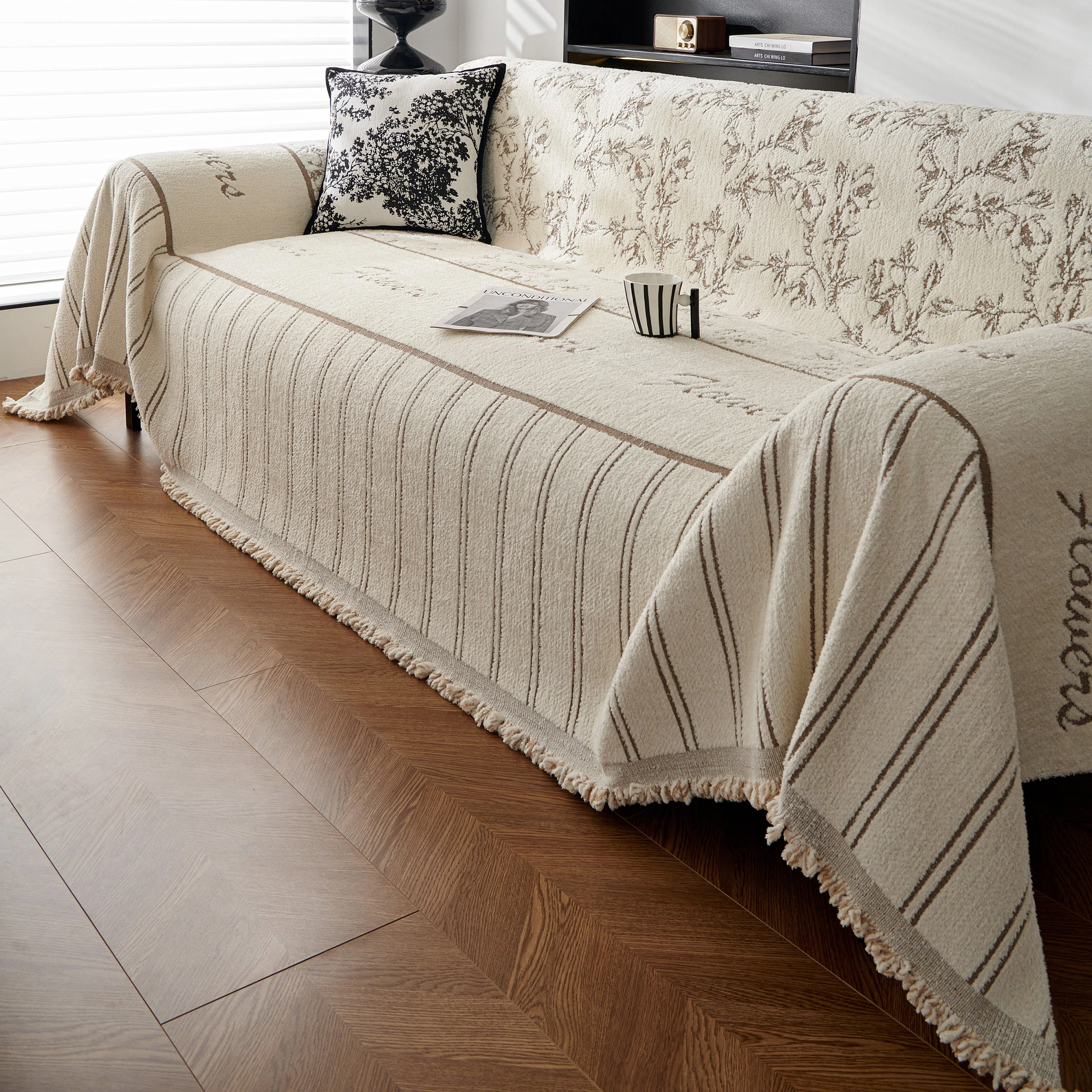 Chenille Striped Floral Couch Cover Sofa Slipcover for Most Shape Sofas, Reversible Sofa Throw Cover - Image 68