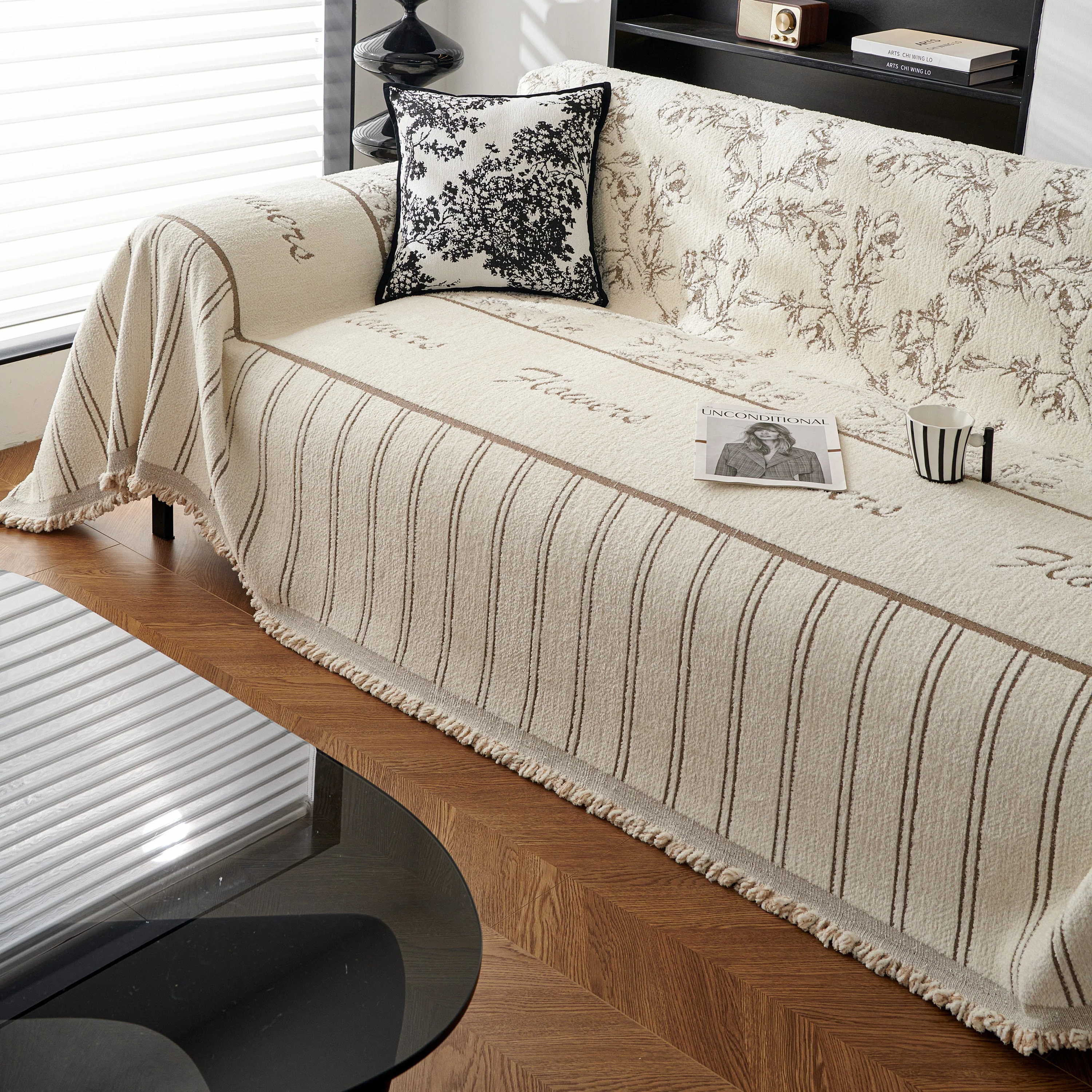 Chenille Striped Floral Couch Cover Sofa Slipcover for Most Shape Sofas, Reversible Sofa Throw Cover - Image 69
