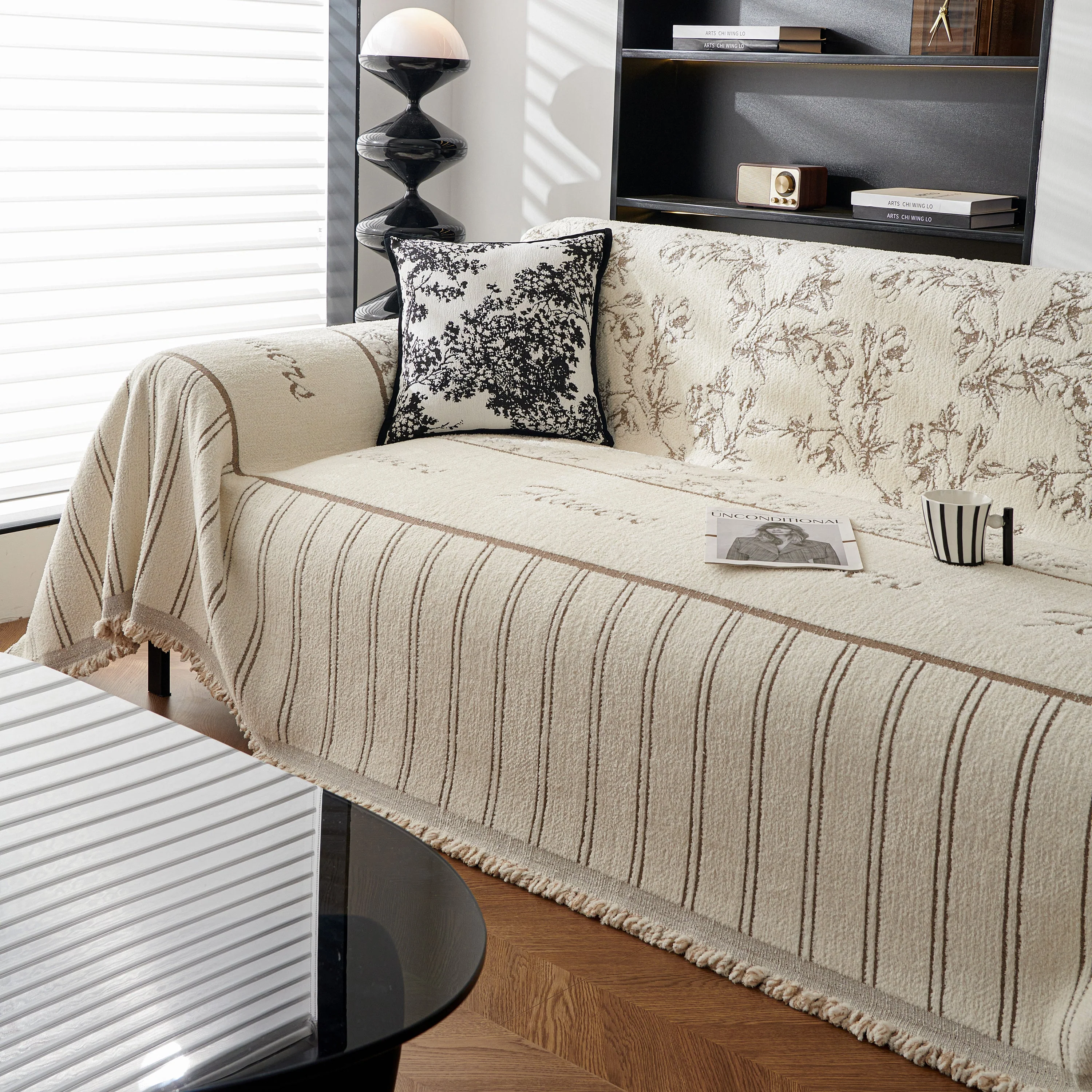Chenille Striped Floral Couch Cover Sofa Slipcover for Most Shape Sofas, Reversible Sofa Throw Cover - Image 70
