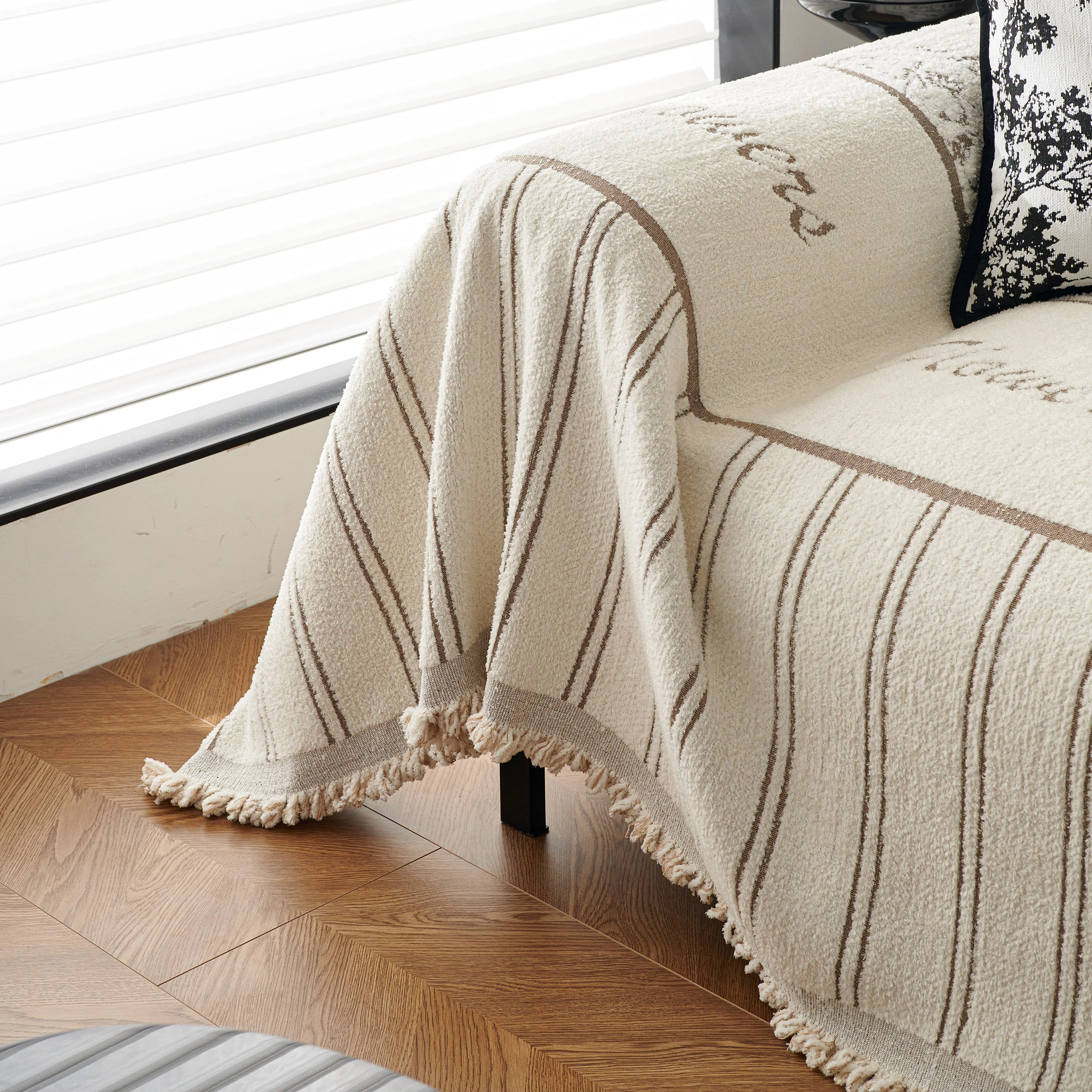 Chenille Striped Floral Couch Cover Sofa Slipcover for Most Shape Sofas, Reversible Sofa Throw Cover - Image 71
