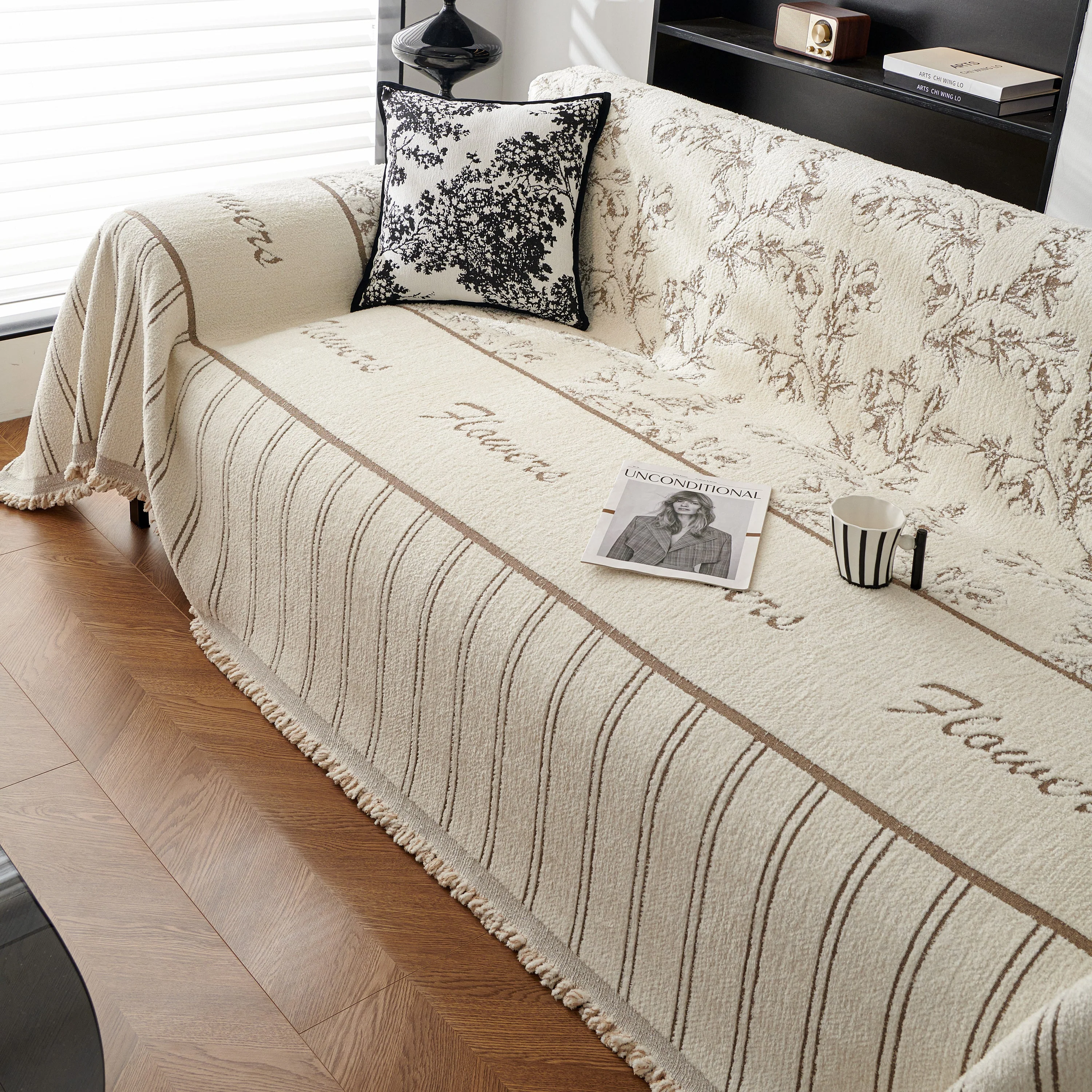 Chenille Striped Floral Couch Cover Sofa Slipcover for Most Shape Sofas, Reversible Sofa Throw Cover - Image 72