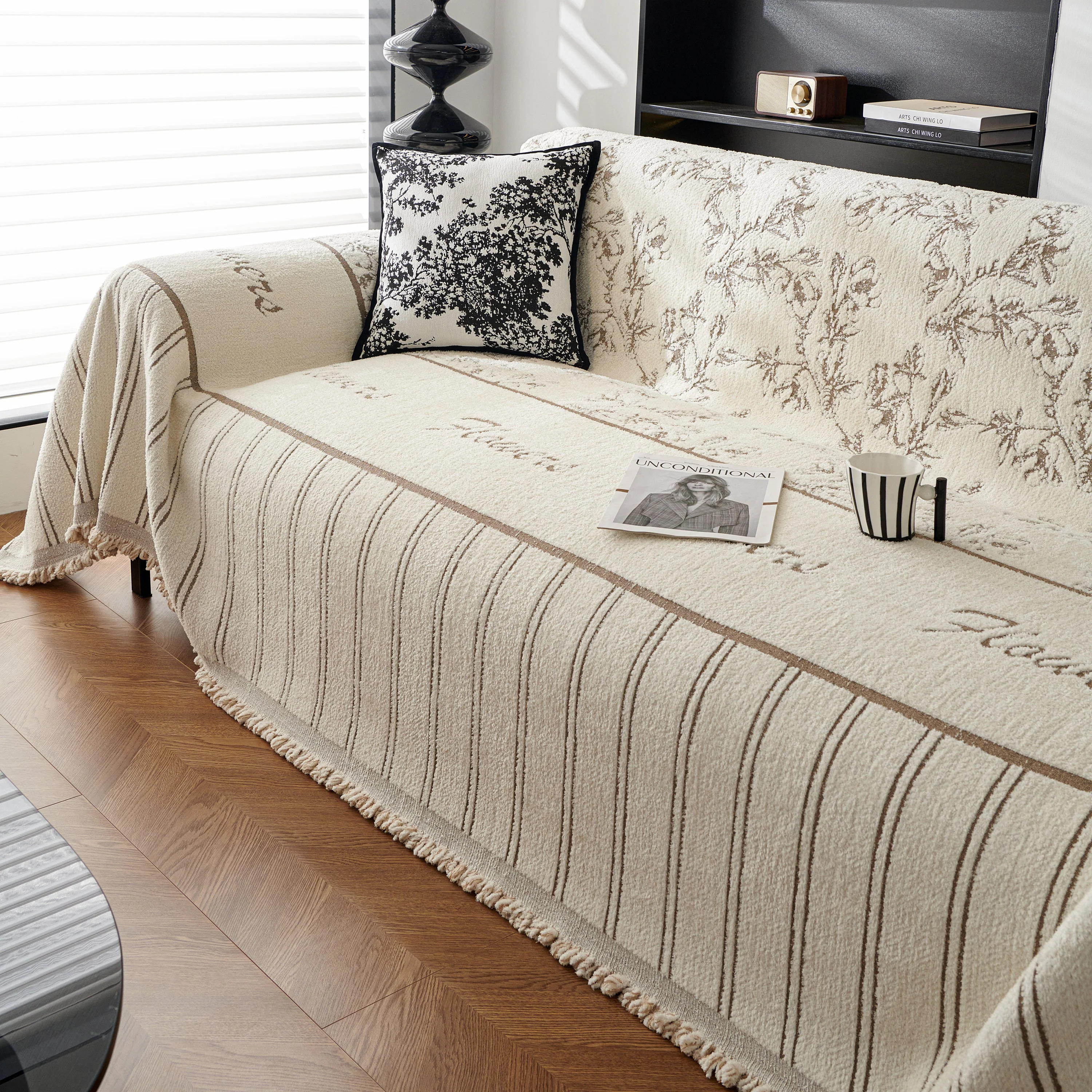 Chenille Striped Floral Couch Cover Sofa Slipcover for Most Shape Sofas, Reversible Sofa Throw Cover - Image 73