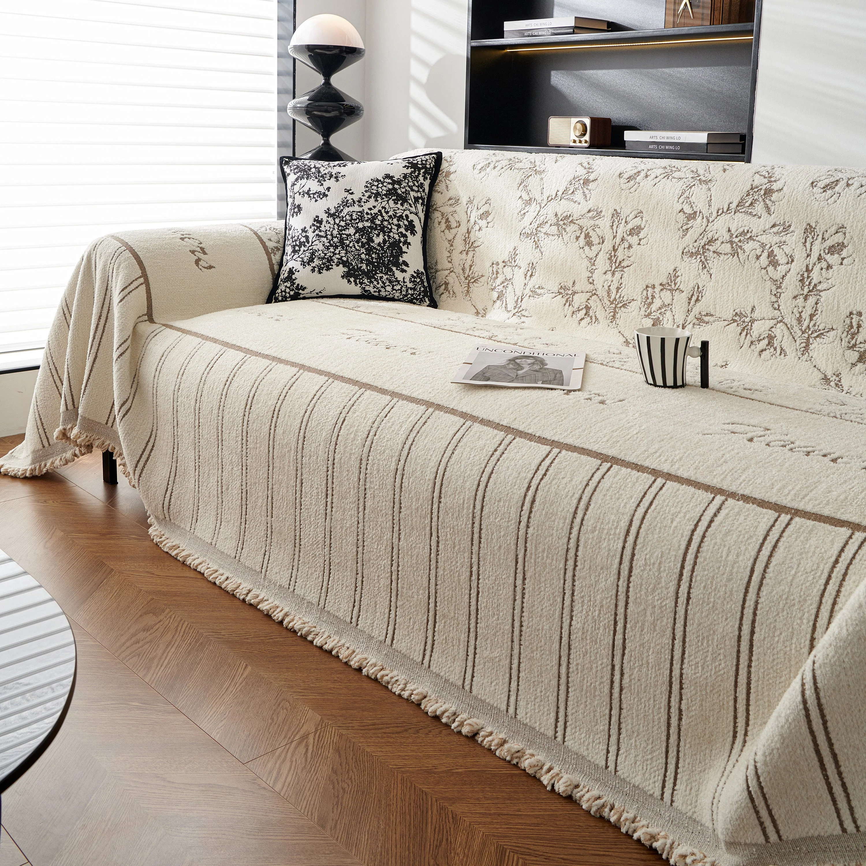 Chenille Striped Floral Couch Cover Sofa Slipcover for Most Shape Sofas, Reversible Sofa Throw Cover - Image 74
