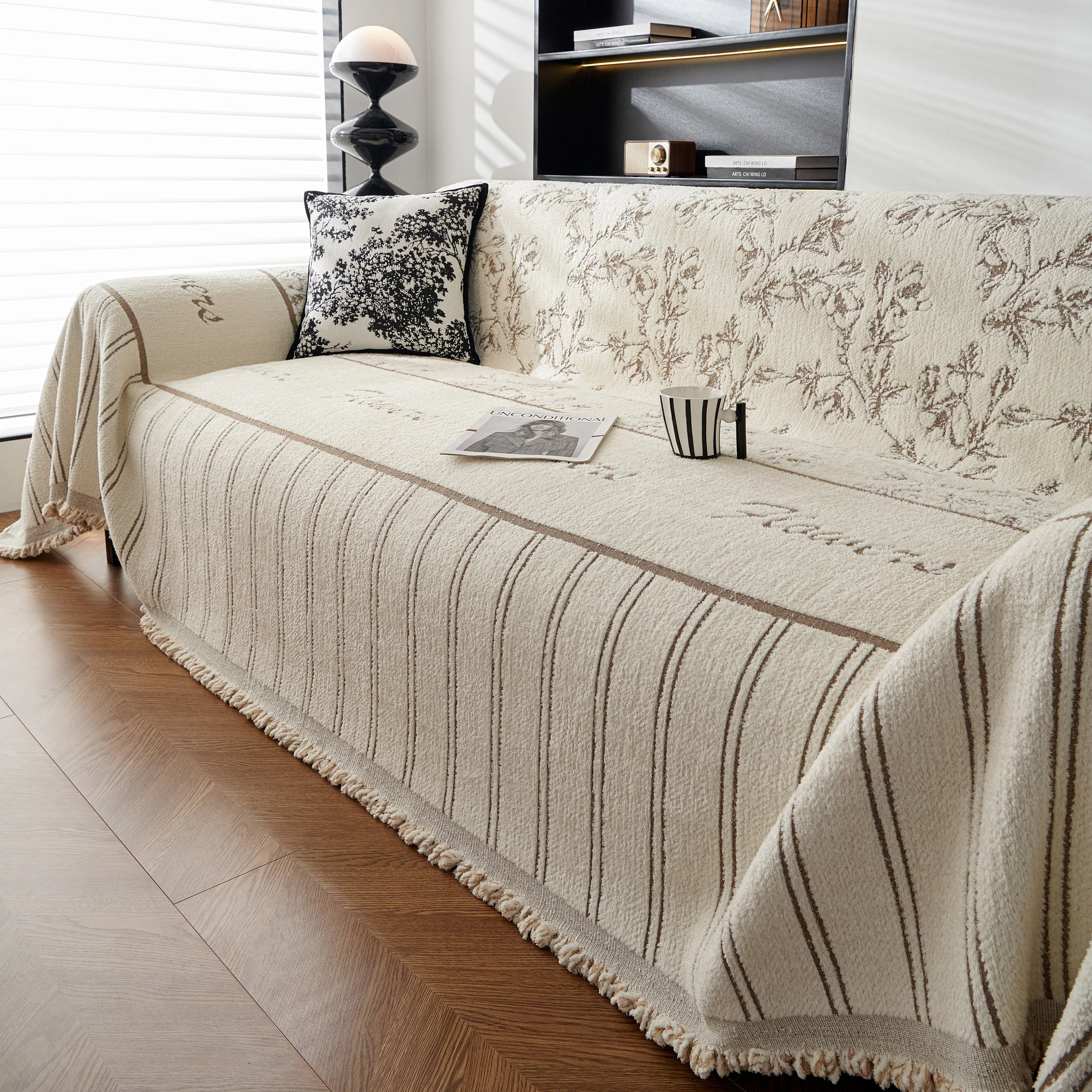 Chenille Striped Floral Couch Cover Sofa Slipcover for Most Shape Sofas, Reversible Sofa Throw Cover - Image 75