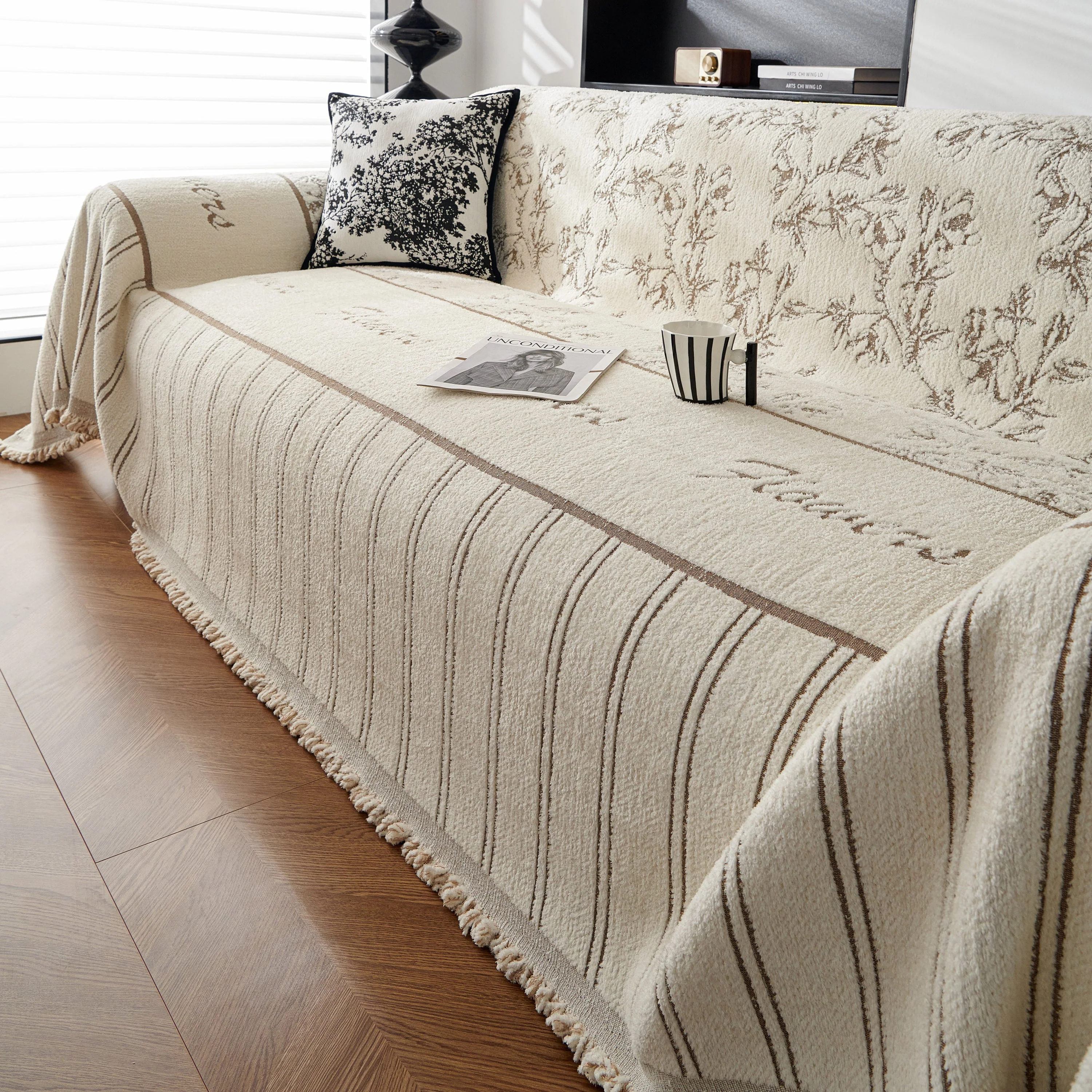 Chenille Striped Floral Couch Cover Sofa Slipcover for Most Shape Sofas, Reversible Sofa Throw Cover - Image 76