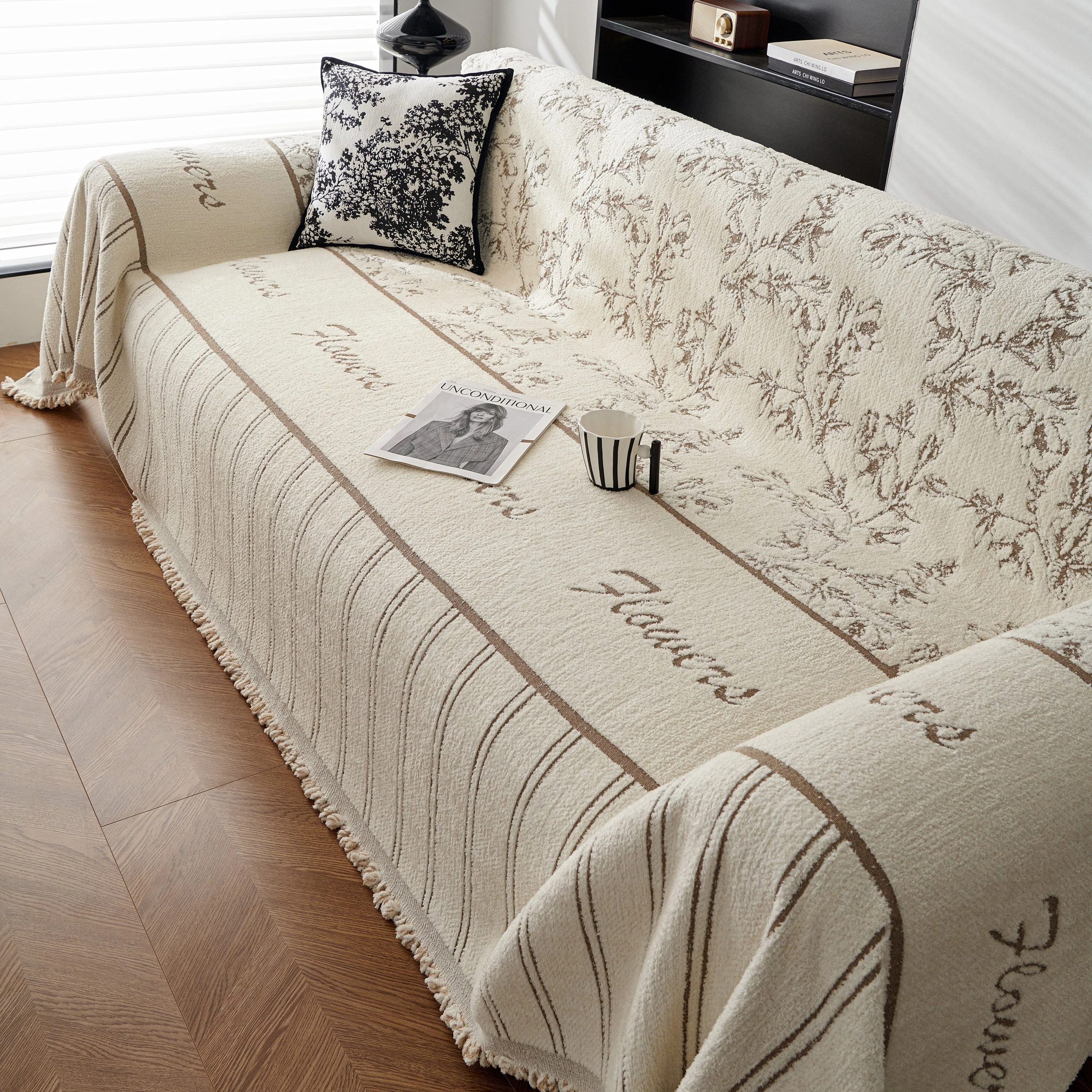 Chenille Striped Floral Couch Cover Sofa Slipcover for Most Shape Sofas, Reversible Sofa Throw Cover - Image 77