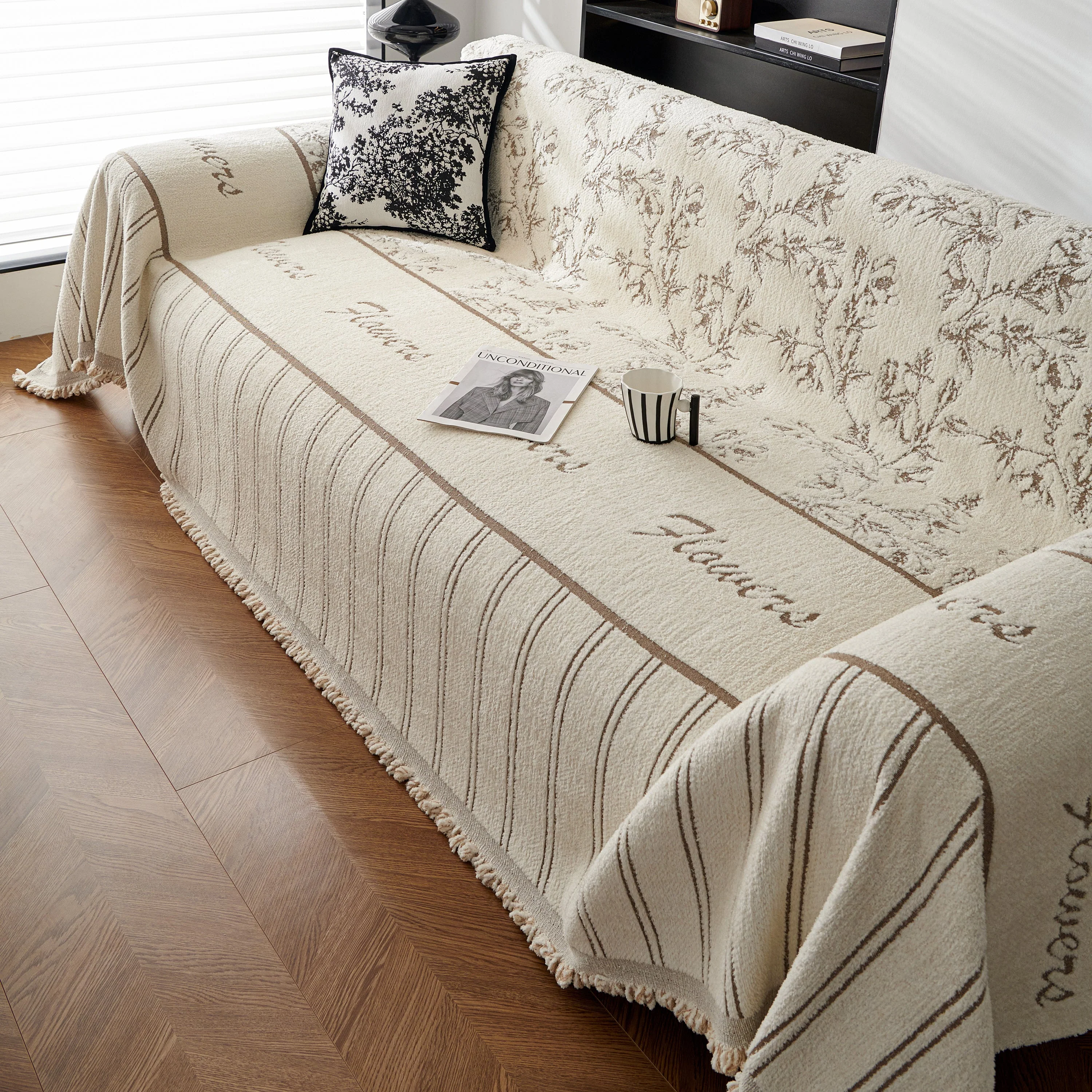 Chenille Striped Floral Couch Cover Sofa Slipcover for Most Shape Sofas, Reversible Sofa Throw Cover - Image 78