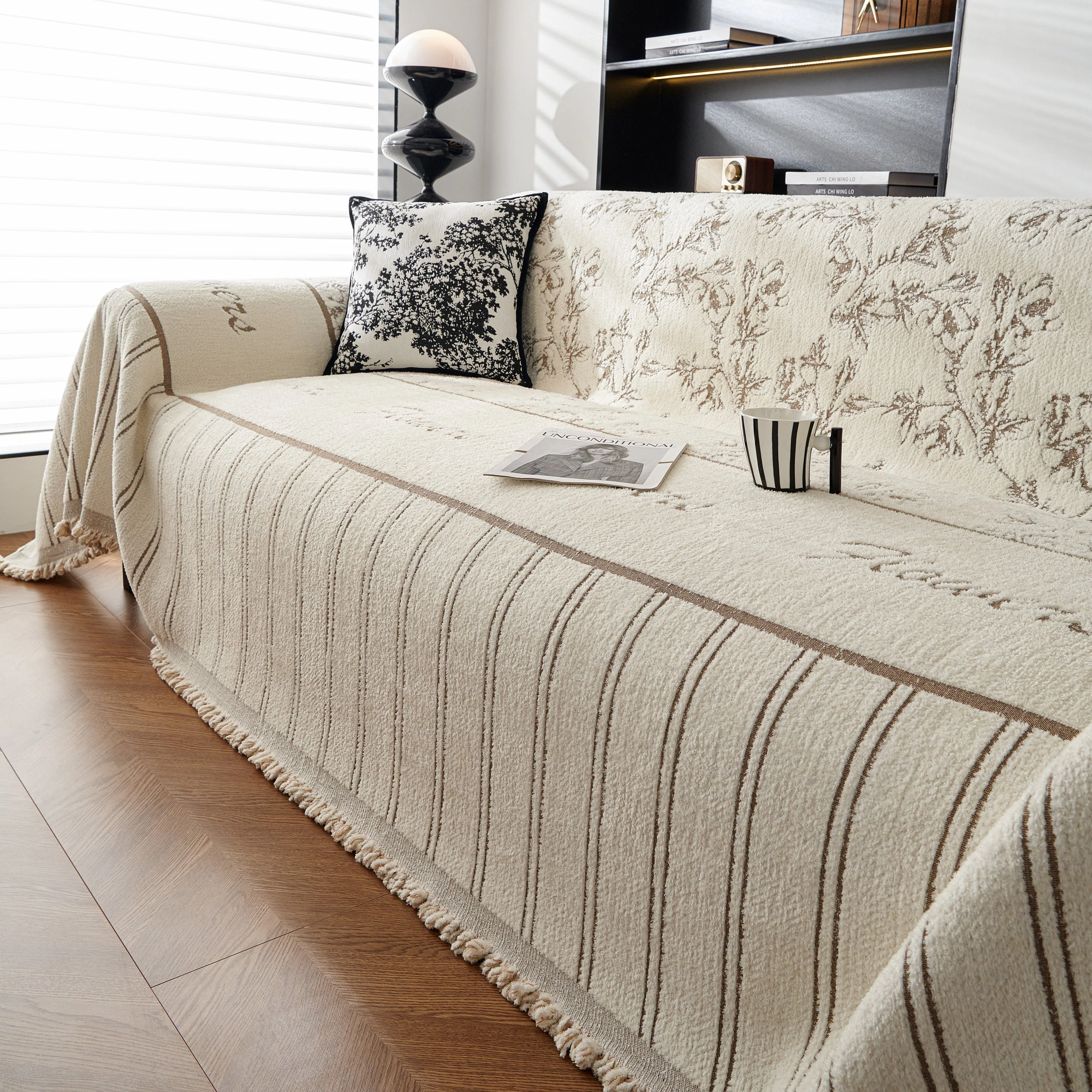 Chenille Striped Floral Couch Cover Sofa Slipcover for Most Shape Sofas, Reversible Sofa Throw Cover - Image 79
