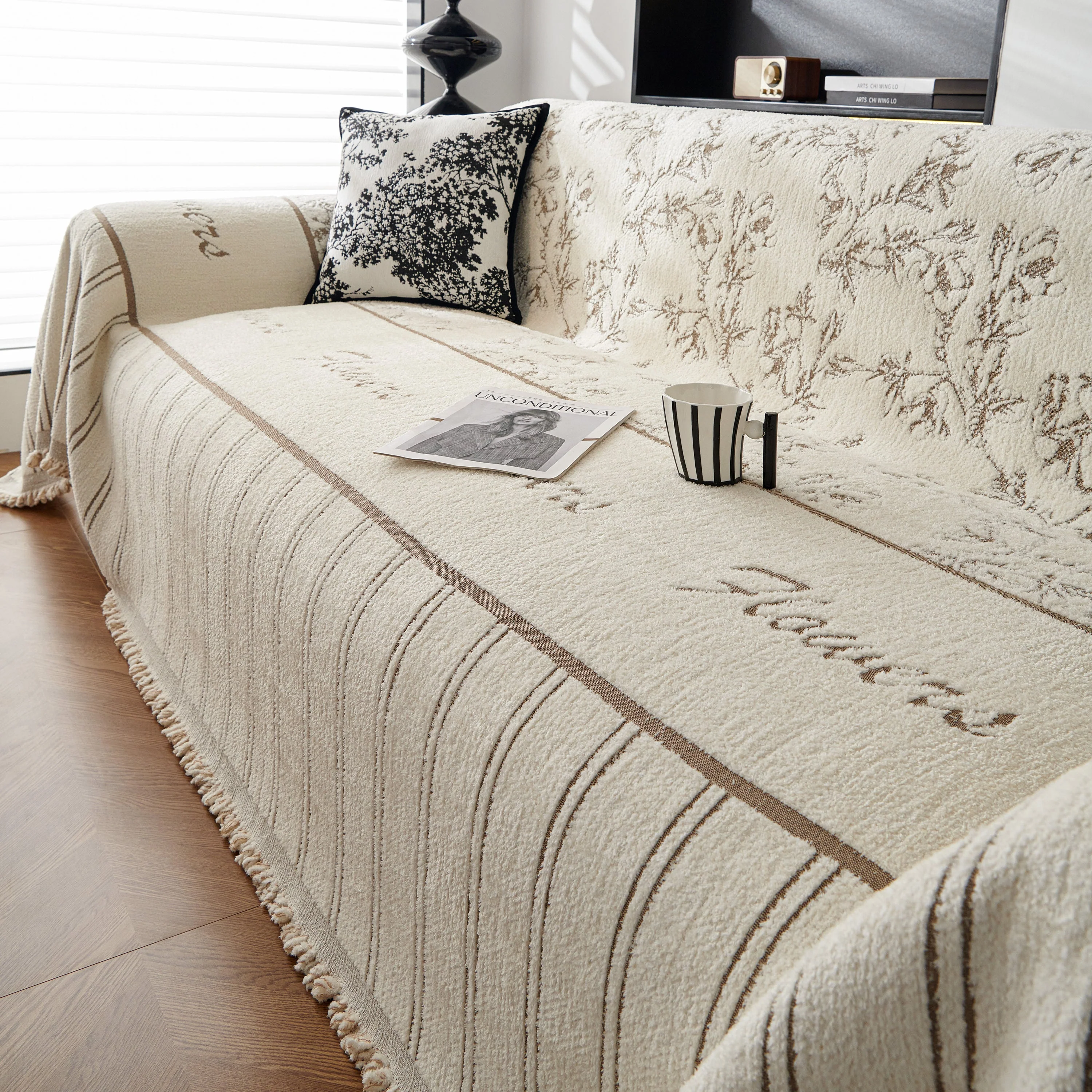 Chenille Striped Floral Couch Cover Sofa Slipcover for Most Shape Sofas, Reversible Sofa Throw Cover - Image 80