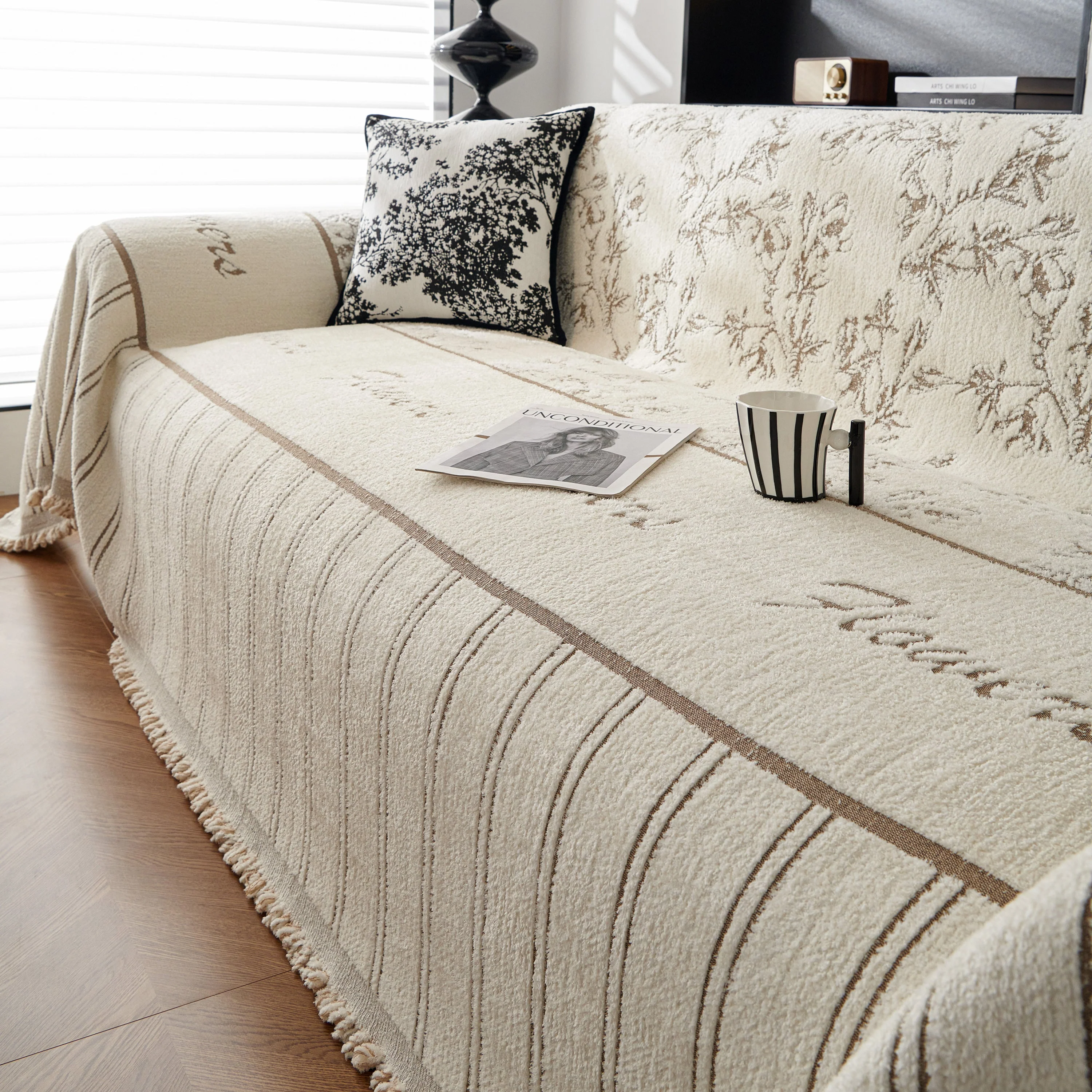 Chenille Striped Floral Couch Cover Sofa Slipcover for Most Shape Sofas, Reversible Sofa Throw Cover - Image 81